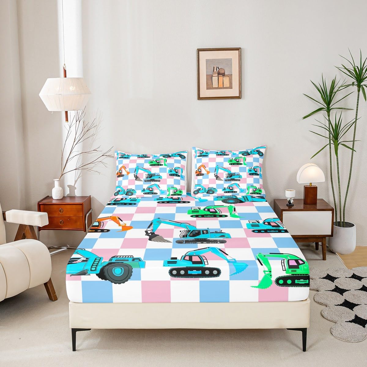 Cartoon Cars Full Size Fitted Sheet,Cute Excavator Equipment Construction Vehicles 3 Pieces Kids Teenager Room Decor Geometric Pink Blue Checker Plaids Pocket 2 Pillowcases