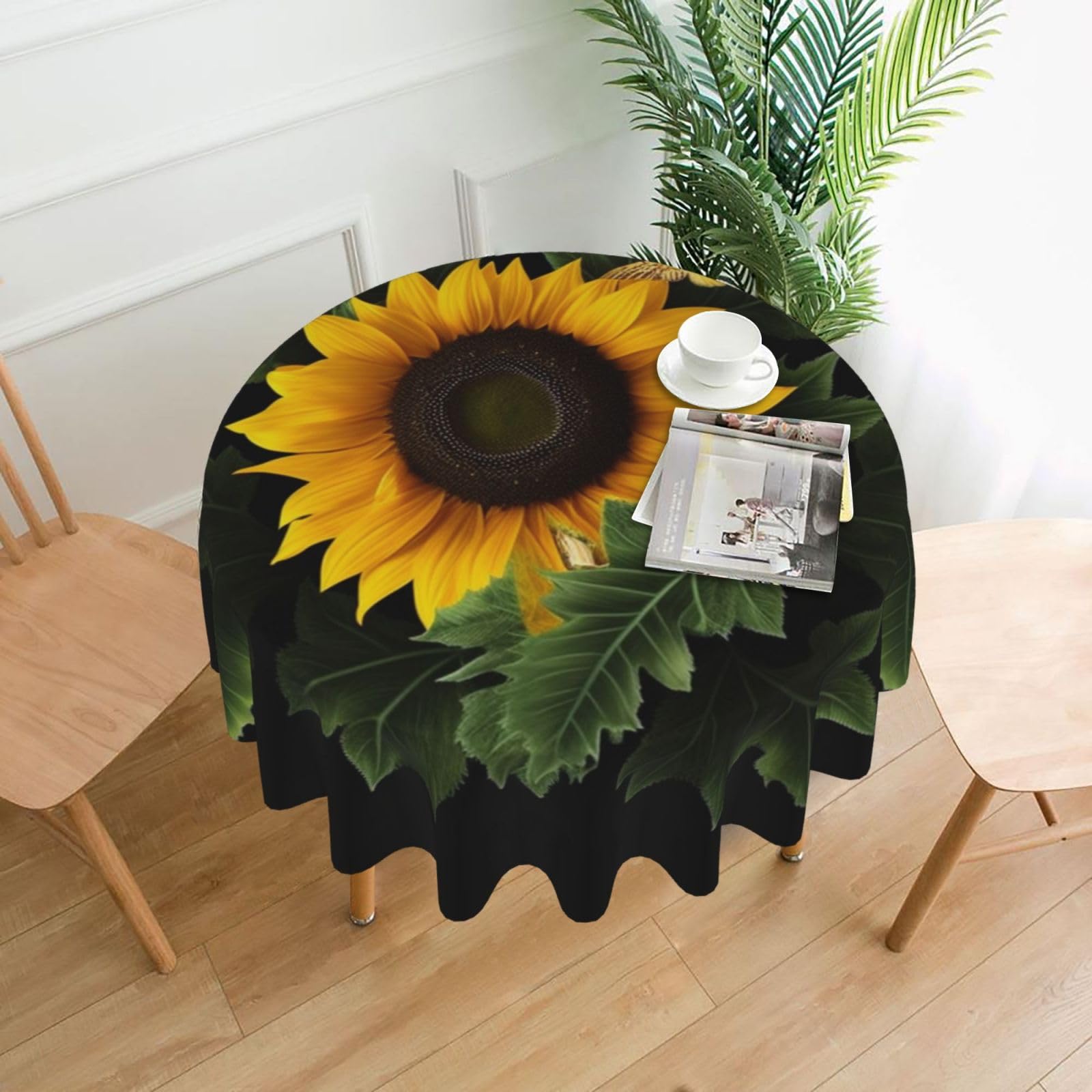 FodPand Weed with Sunflower Tablecloths for Round Tables 60 Inch - Reusable Washable Dining Table Clothes - Stain and Wrinkle Resistant Decorative Fabric Table Cover for Wedding Party