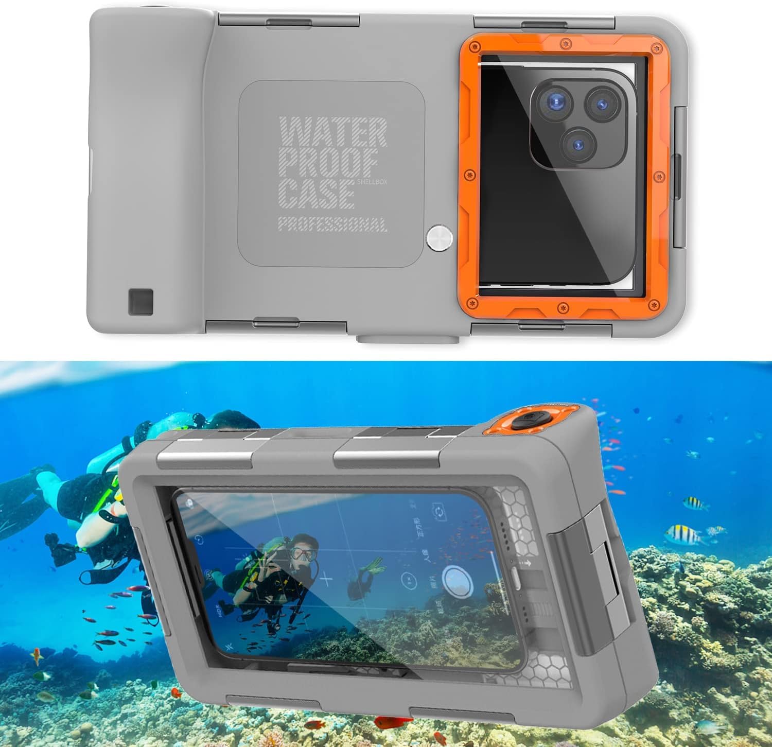 LOGANZ (2nd Gen) Universal Diving Underwater Phone Case for All Apple iPhone/Samsung Galaxy/Google Pixel Series,15M/50ft Underwater Photography for Snorkeling Photo Video (Gray/Orange)