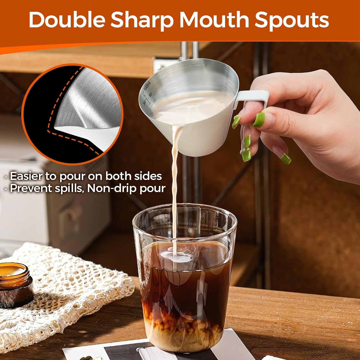 YARRAMATE Silver Powerful Milk Frother Wand & 100ml Metal Measuring Cups (White)