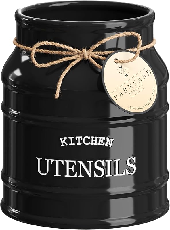 Ceramic Kitchen Utensil Holder Countertop 6.75″ (Black) | Large Rustic Kitchen Utensil Crock Counter Organizer for Cooking Tools, Spatulas, and Gadgets; Spatula Caddy; Farmhouse Decor