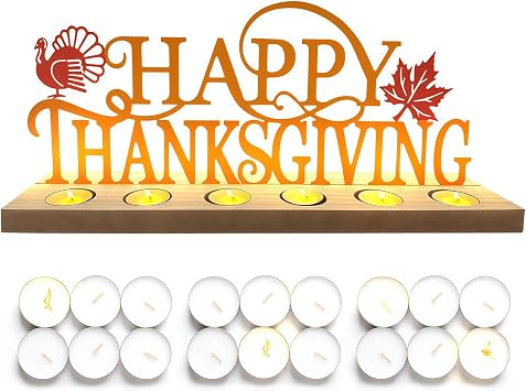 Metal Happy Thanksgiving Sign, Tiered Tray Decor with 18 Pcs Tealights, Orange Fall Decorations Tea Lights Candles Holders for Home, Office, Shelf, Mantel, Indoor, Table, Autumn Decoration