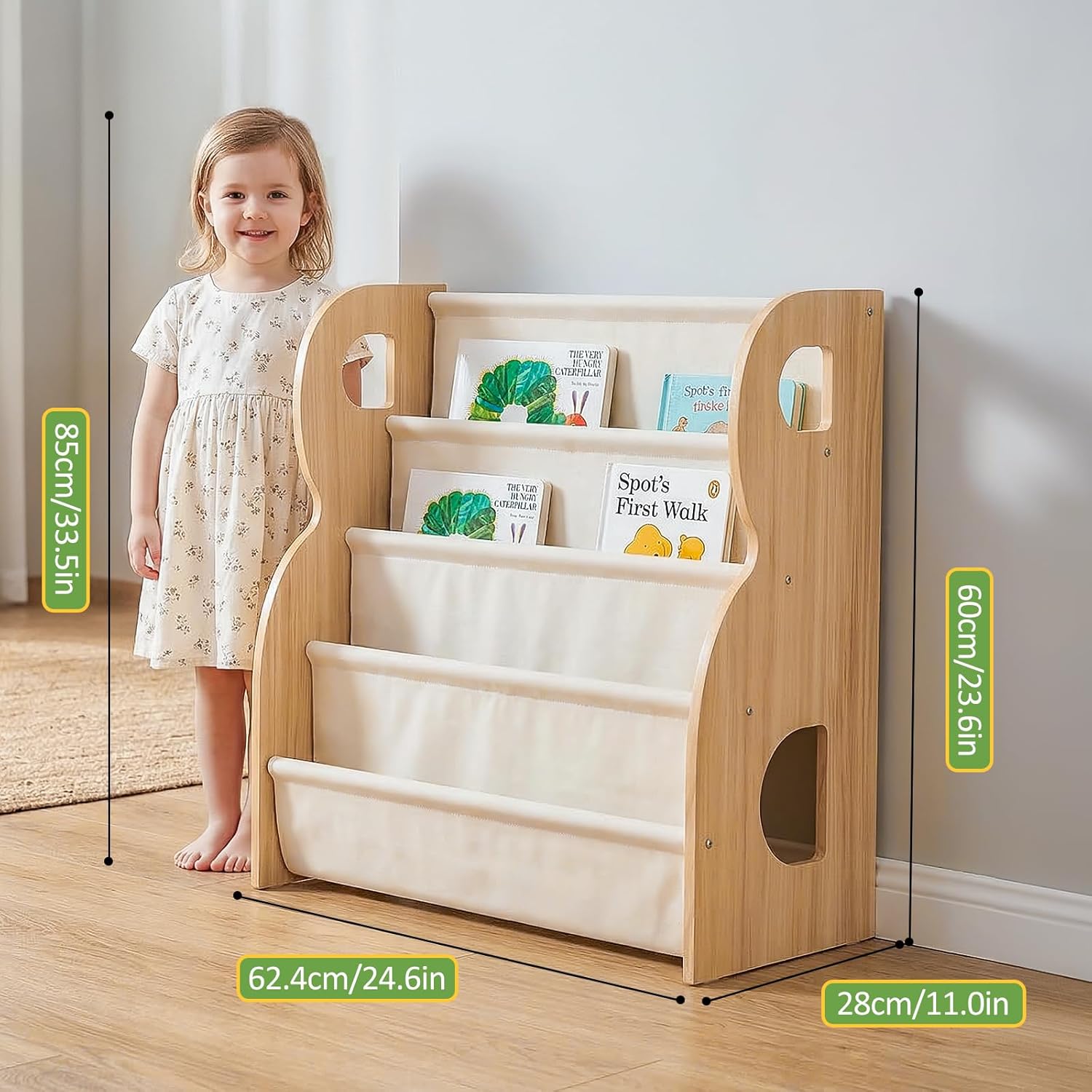 XiaZ Child Book Shelf Wooden Montessori Toddler Bookshelf Solid Pine B-Frame Book Shelf with Handle, Portable Double-Sided Kids Nursery Book Organizer Bookcase Easy Install for Study Room