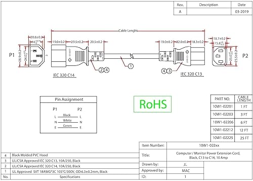 Miniatura 6 de CableWholesale Cable de extensión de alimentación para computadora/monitor, enchufe C13 hembra a C14 macho, 3 pines, 18 AWG, SVT, 10 amperios, cable