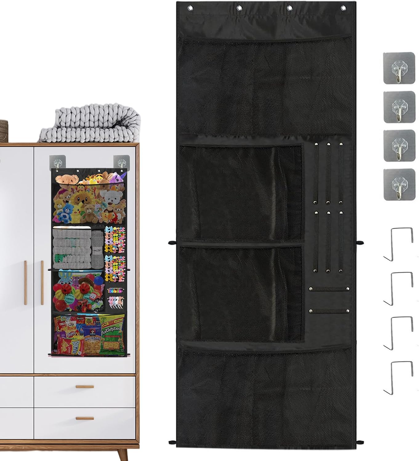 Storage for Stuffed Animals Over Door Breathable Mesh with Hooks | Stuffed Animal Net Storage Bag for Plush Toys Doll Snack Hair Accessories Kids Family Home Bedroom Nursery