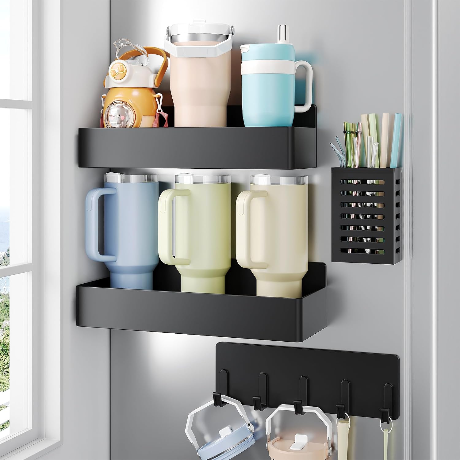 Nieifi Magnetic Cup Holder for Fridge, Tumbler Organizer Fits 20/30/40 oz Stanley Cups Accessory Storage with Hook & Straw Holder, Space Saving Organizers for Kitchen Refrigerator (Black, 4 pieces)