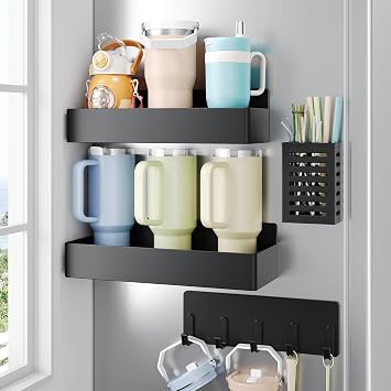 Nieifi Magnetic Cup Holder for Fridge, Tumbler Organizer Fits 20/30/40 oz Stanley Cups Accessory Storage with Hook & Straw Holder, Space Saving Organizers for Kitchen Refrigerator Black, 4 pieces