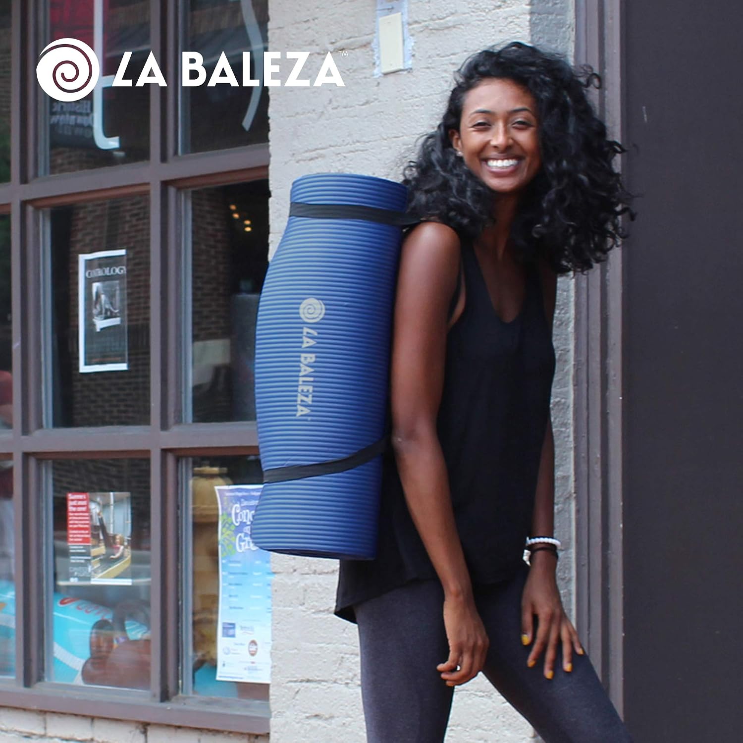 La Baleza Yoga Mat, 3/8 Inch ExtraThick Exercise Mat for Yoga, Pilates and Personal Fitness, Ridged Rubber Surface for Non-Slip Grip, Includes Carrying Travel Strap, Multiple Colors