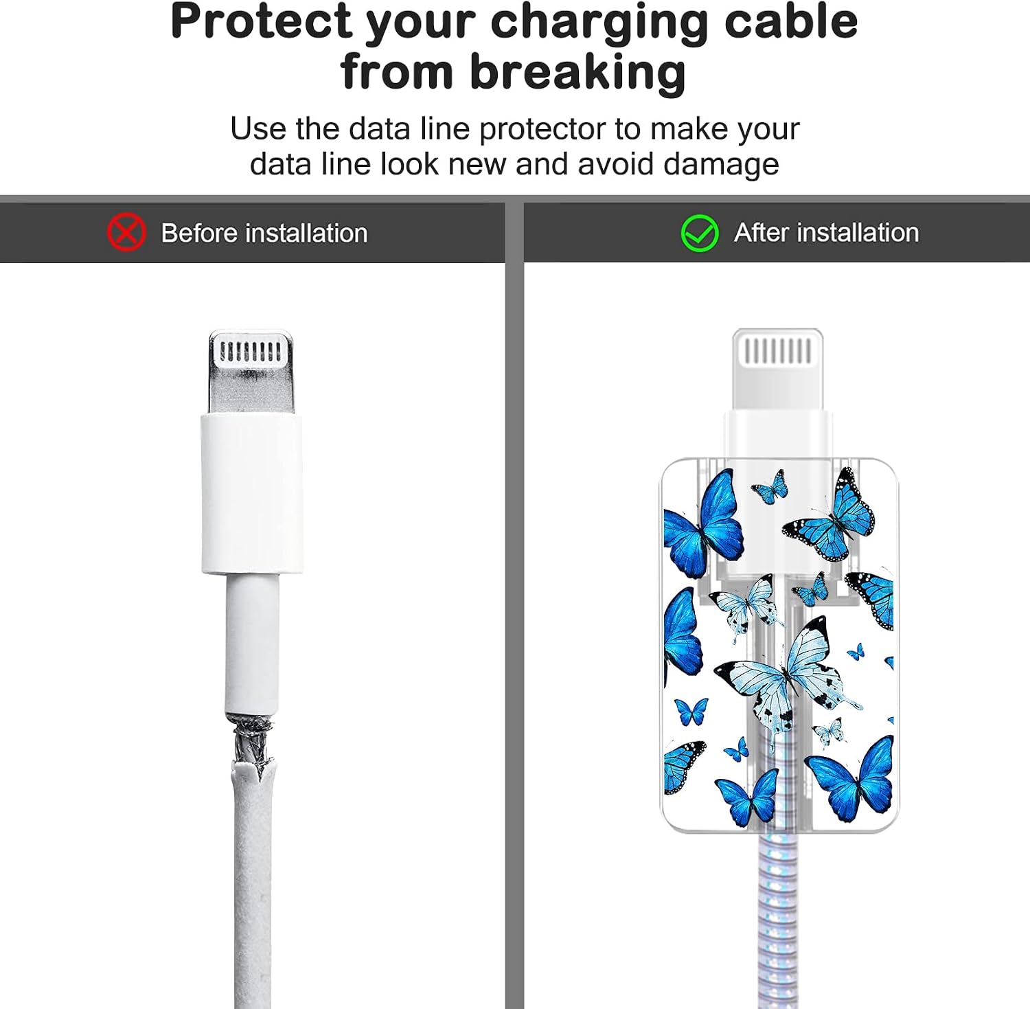Cute Protectors Cable Protector for iPhone Charger Case Cover Pretty Elegant Blue Butterflies Pattern Unique Design Data Cable Phone Charger Data Line Wire Saver for iPhone 14 13 12 11 Pro image 4