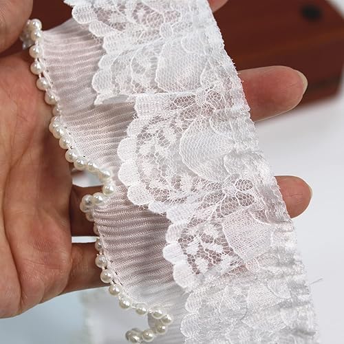 Miniatura 2 de 5 yardas de cinta de encaje con ribete de perlas blancas con volantes y borde de encaje, vestido de novia, cinta para coser en apliques, bolsa de