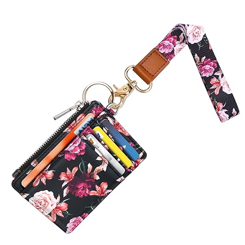 Cute Wrist Lanyard with ID Card Holder for Women Girls, WAVEYU Hand Wristlet Lanyards for Keys with Wallet ID Badge Holder with 6 Card Slots, 1 ID Window, 1 Zipper Pocket, Black Flower