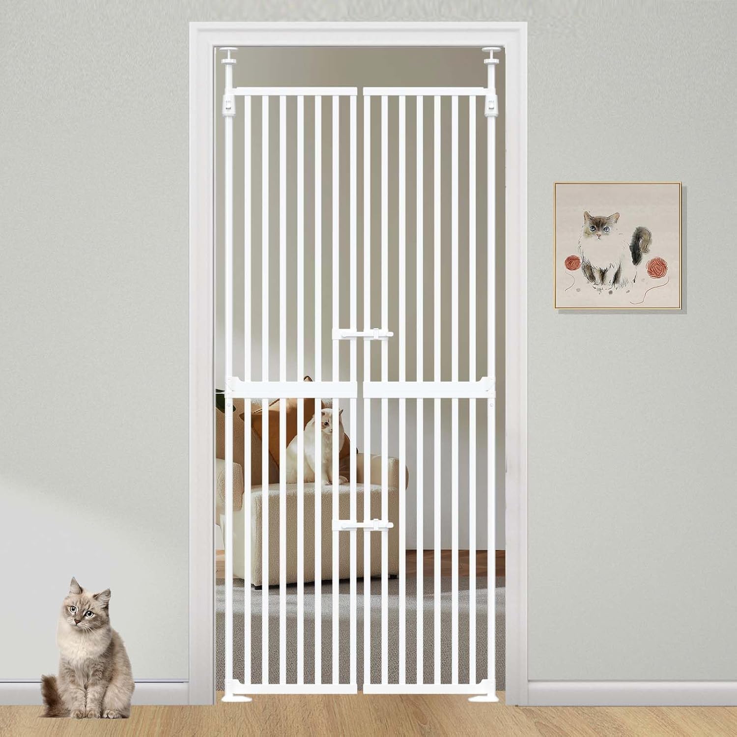 71" Extra Tall Cat Gate, Extra Tall Pet Gates for Doorways No Drilling, 34"-37" Wide Cat Barrier Indoor with Narrow Bar Spacing, Kitten Proof Gate Double Pet Door High Gate for Pet Cats Dog No Climb White-71 Inch 34"-37" W