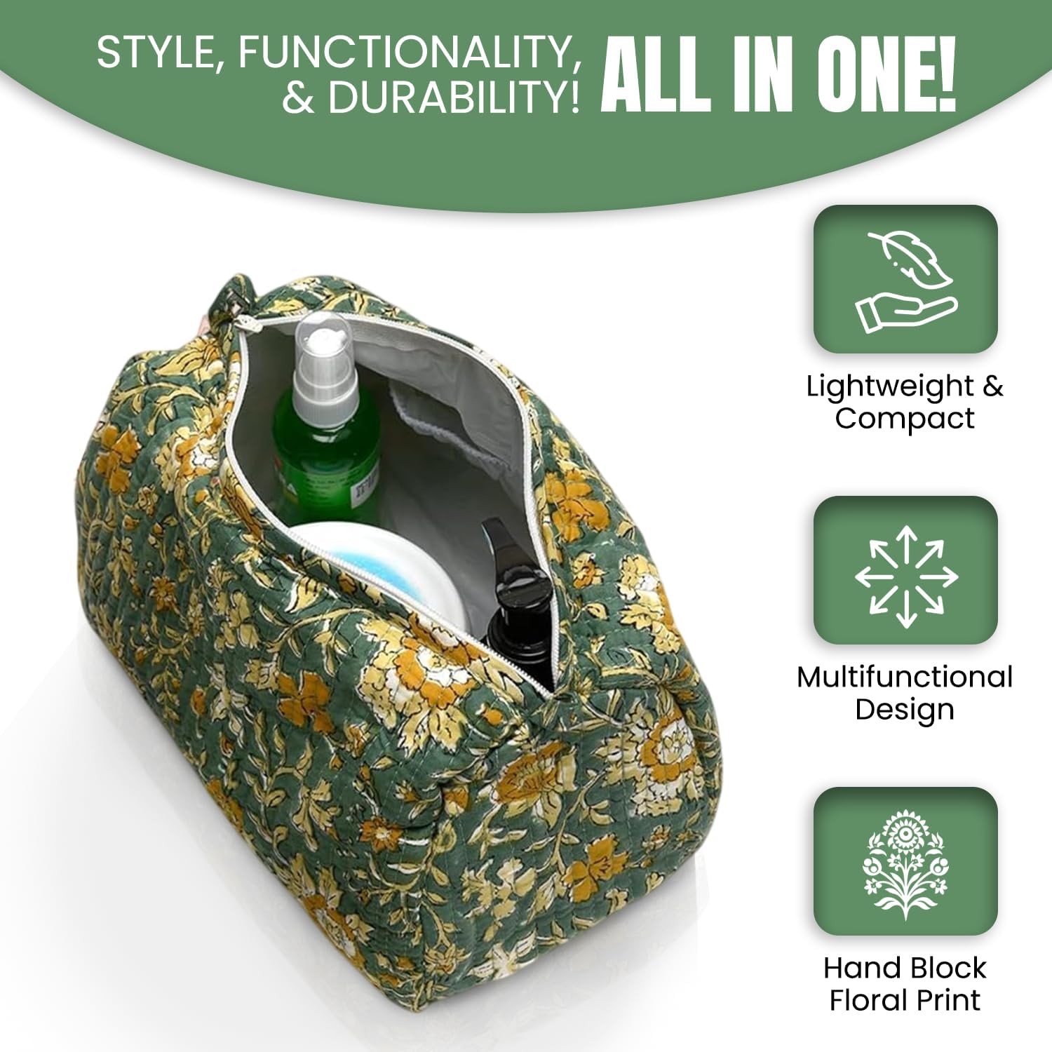 Cotton Hand Block Floral Print Toiletry Bag For Women Make Up Cosmetic Bag Jewelry Organizer Kit Storage Case Travel Accessories Essential Toiletries Purse Pouch (Green - Set of 3, Small Medium Large)