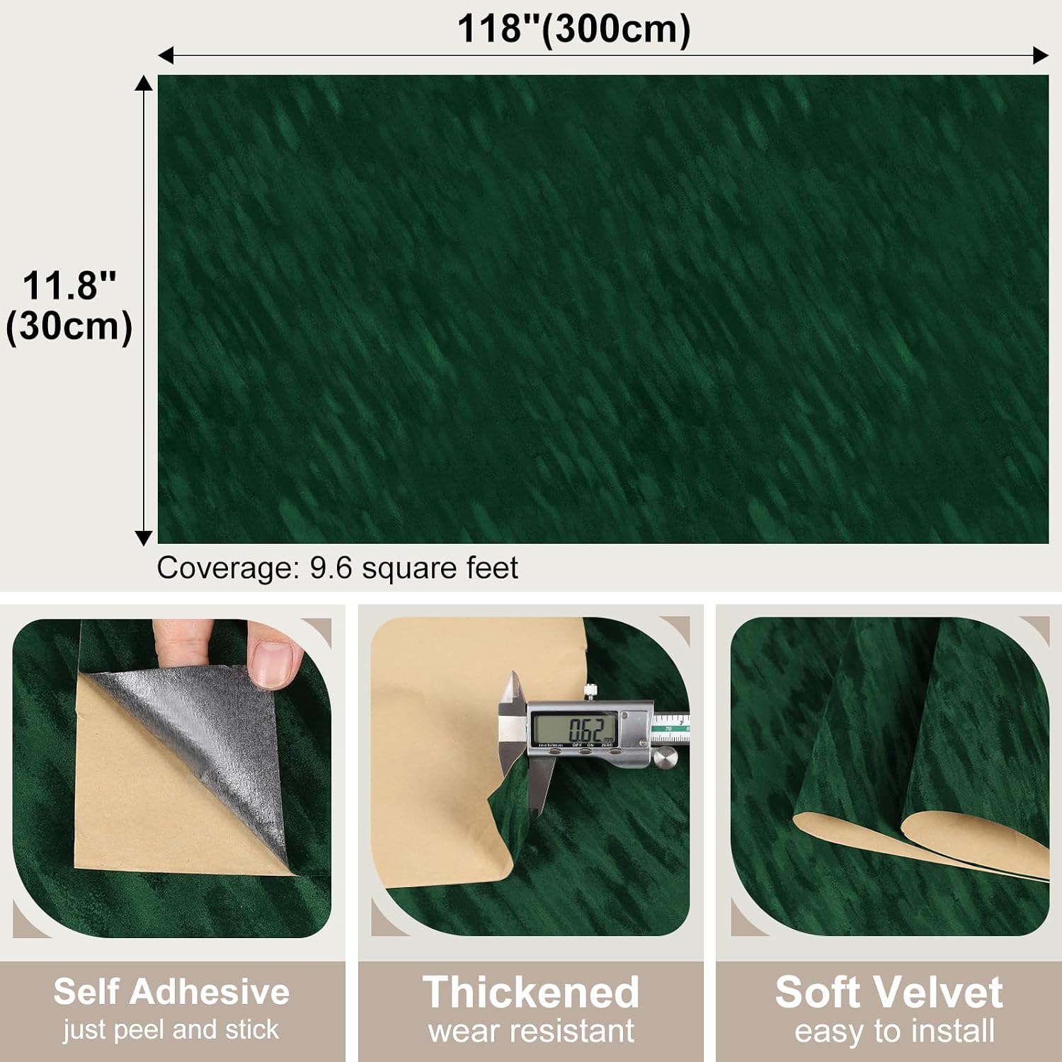 Dark Green Velvet Contact Paper, Self Adhesive Fabric Flocking Liner for Boxes DIY Arts & Crafts, Vintage Green Velvet Wallpaper, Soft Fabric Drawer Liner for Cabinet Shelf 11.8"x118"