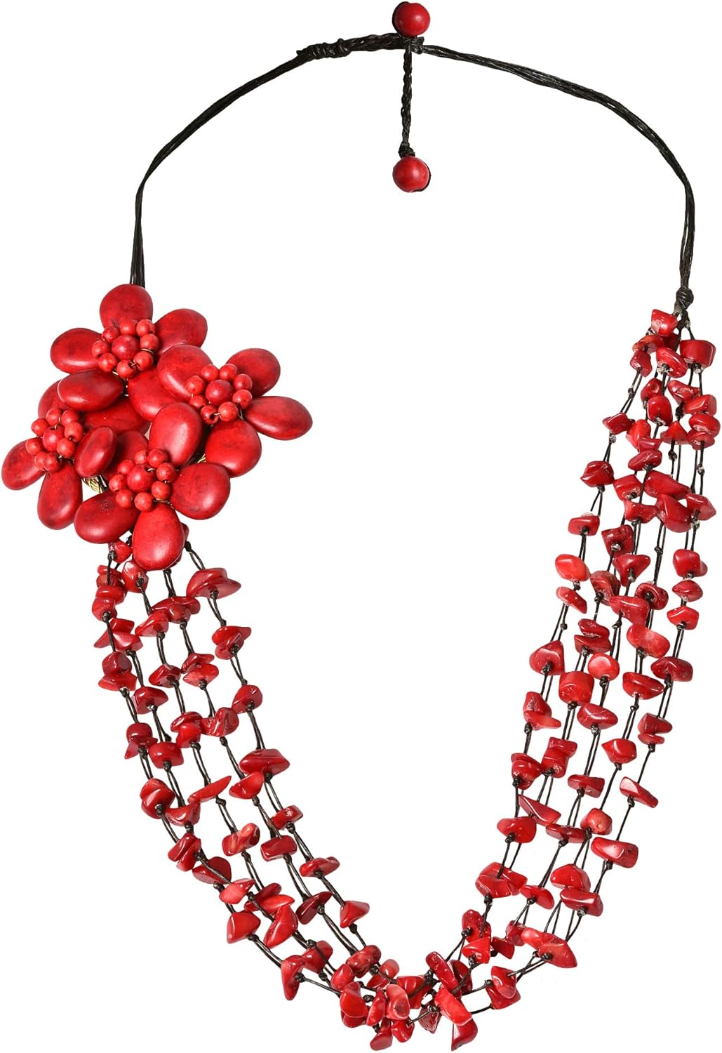 AeraVida Handmade Reconstructed Red Coral Floral with Cotton Wax Rope Strand Necklace | Classic Handmade Jewelry for Women | Handmade Reconstructed Red Coral Necklace | Boho-inspired Gifts for Women | Statement Necklace | Boho Jewelry