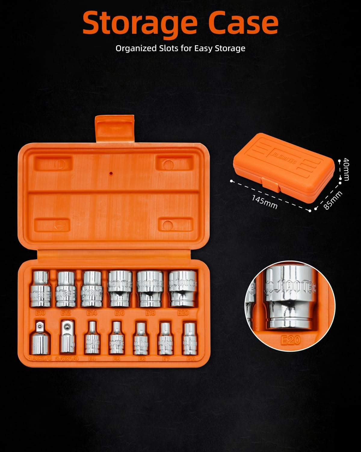 13-Piece E-Torx Socket Set with 6-Point Star Design - E4 to E20 Sizes, 1/4” & 3/8” Drive, Hardened CR-V Steel, Impact Wrench Compatible, Sturdy Molded Case
