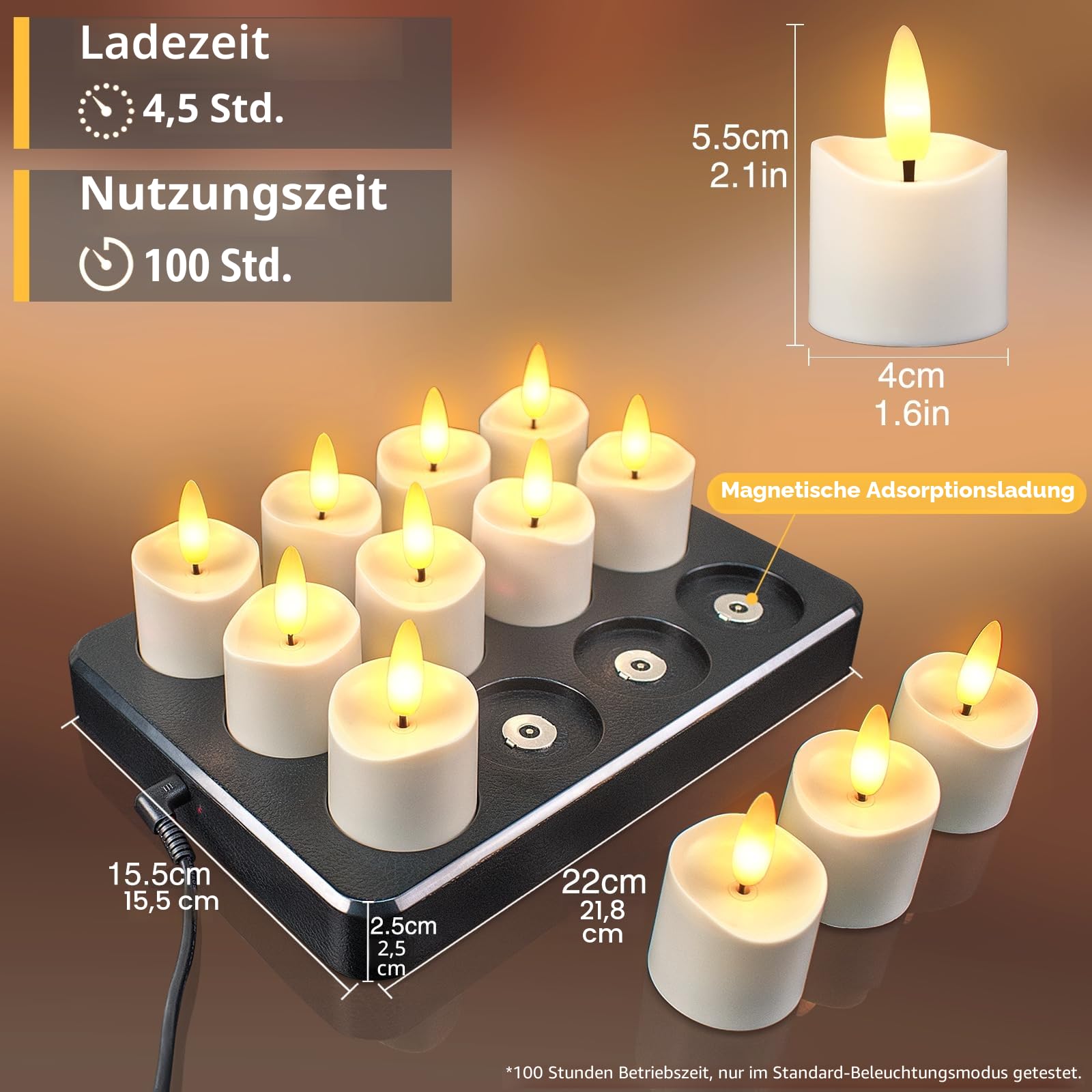 HL Wiederaufladbare LED Teelichter mit Ladestation,wasserdicht, 100 Stunden helle magnetisch aufladbare Kerzen mit flammenlose Fernbedienung, elektrische Deko für Zuhause, Halloween & Weihnachten