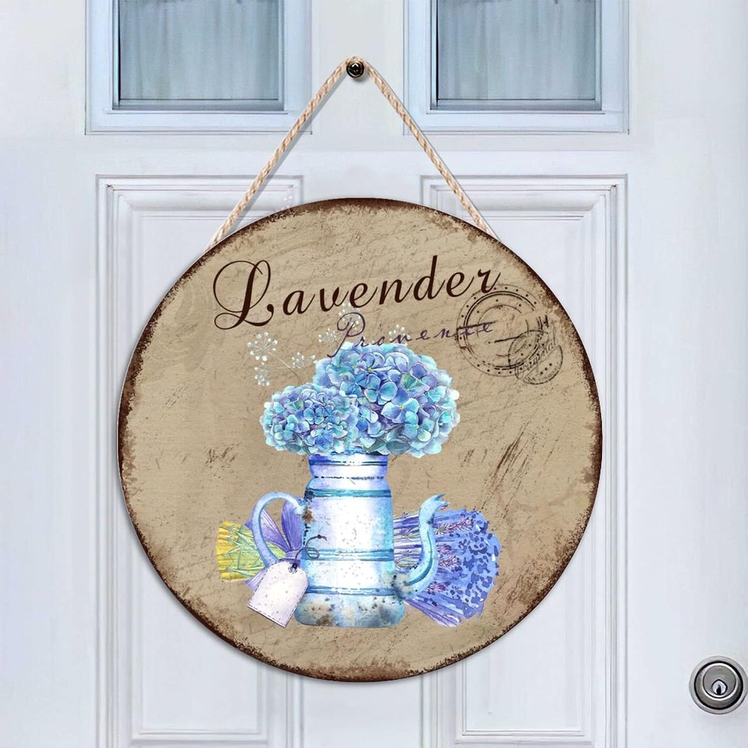 Lavender Wood Door Sign, Custom Calligraphy Front Door Sign, 16x16in Flower Wall Hanging Sign Plaque for Front Door Farmhouse Porch Housewarming Gifts