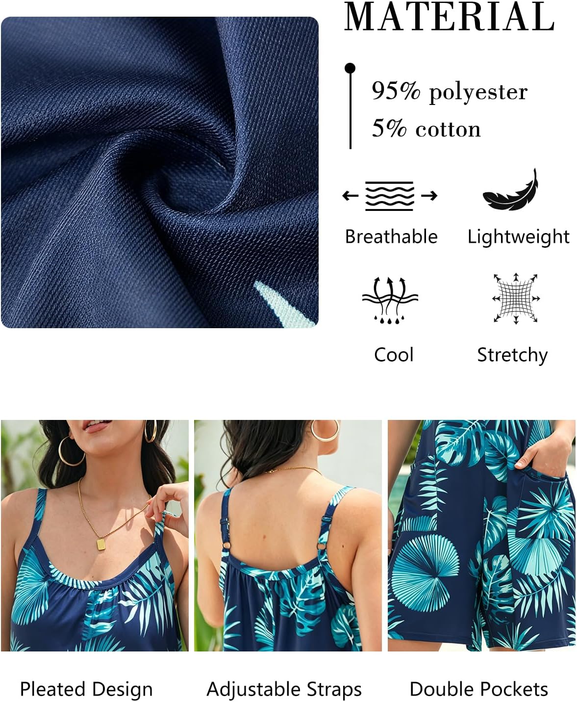 Vigorics Casual Rompers for Women Summer 2026 Sleeveless Adjustable Strap Shorts Jumpsuits Stretchy Romper with Pockets