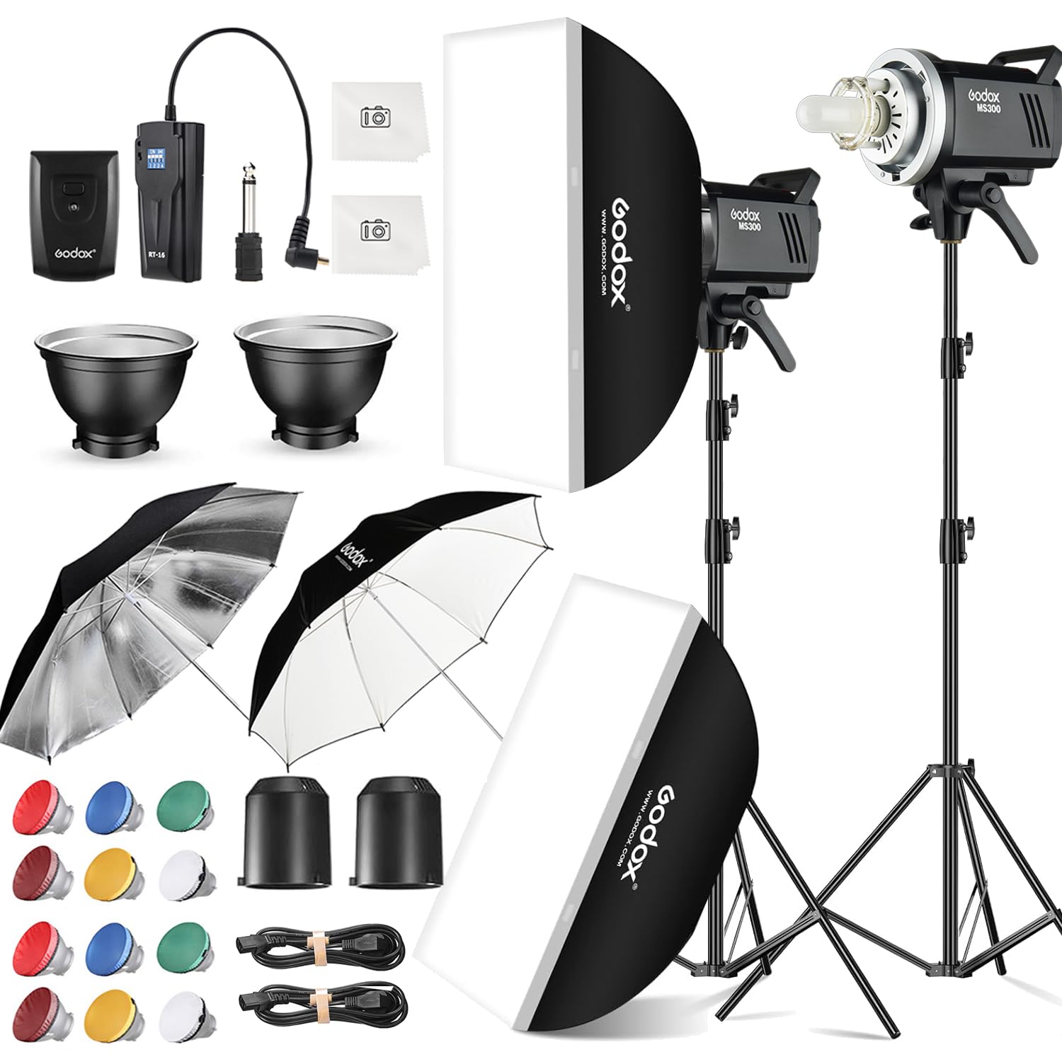 Photo 1 of 2pcs Godox MS300 Studio Flash Kit for Photography Lighting,600W Professional Bowens Mount Strobe Flash Monolight with Softbox,Trigger,Stands,Umbrellas,Reflectors for Photo Product Portrait Shooting