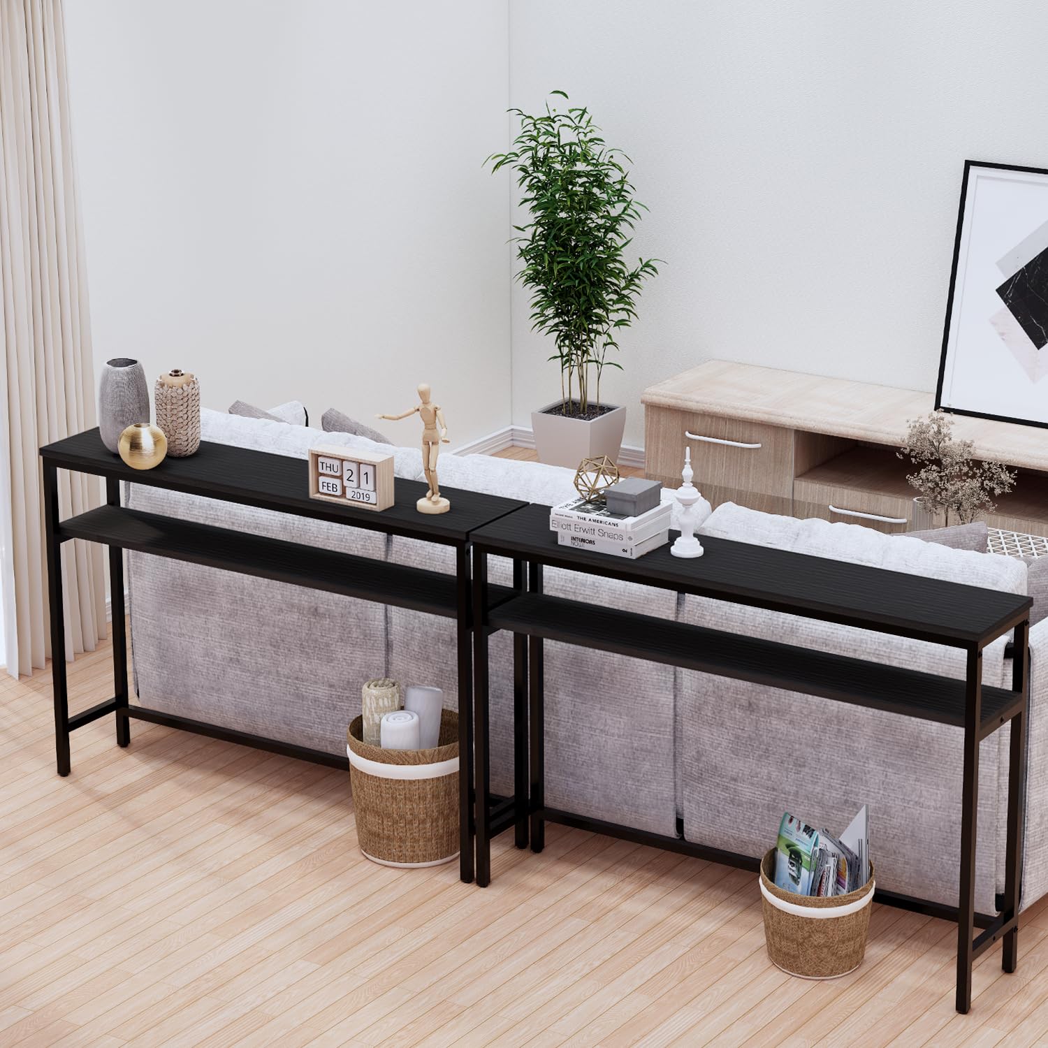 Mesa consola estrecha, mesa de sofá de 47 pulgadas con estante ajustable, mesa delgada de 2 niveles para pasillo, entrada, sala de estar, vestíbulo, color negro 4