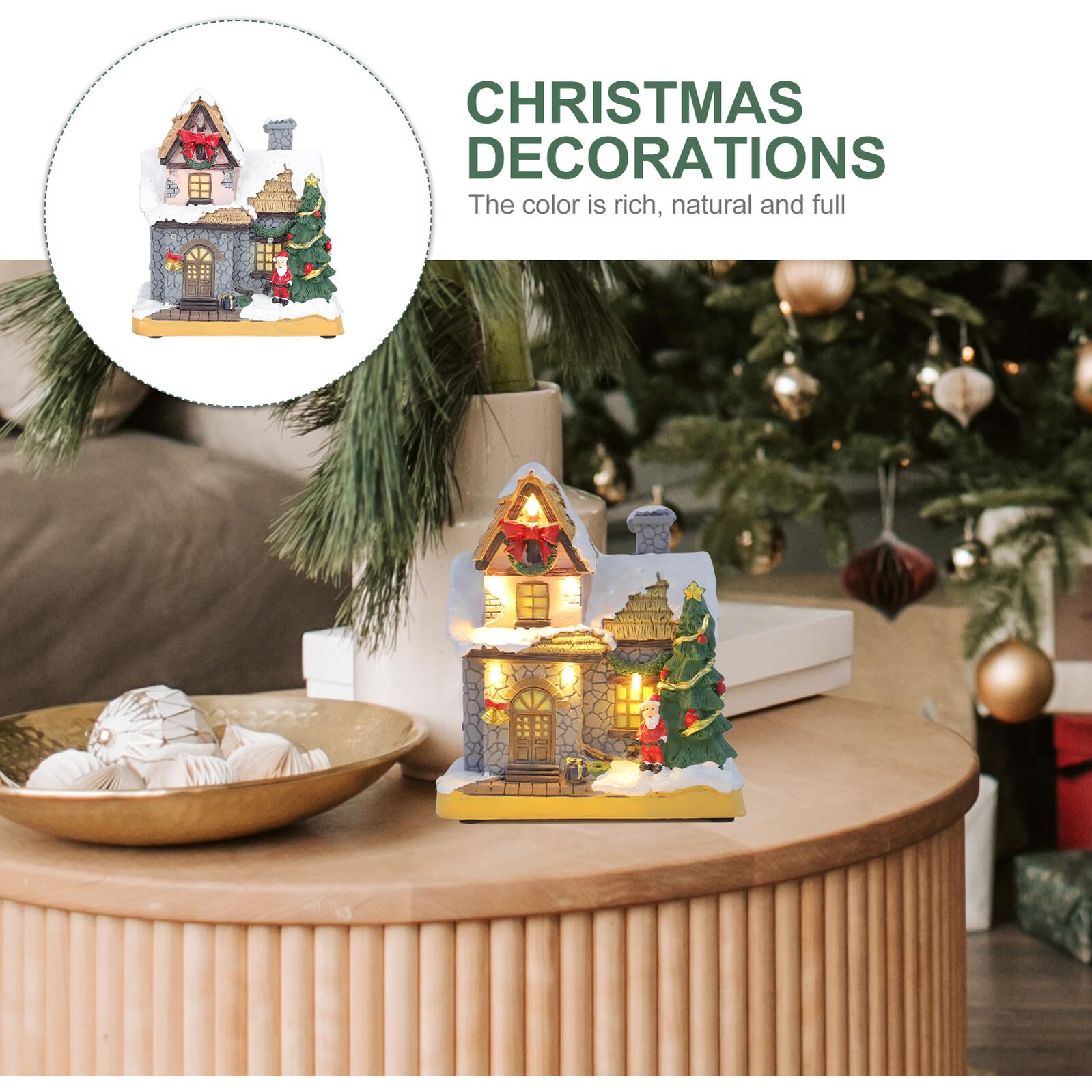 Mini Casa de Resina Navideña Decorativa Luces, Estilo Delicado para Sala o Ventana, CREA Ambiente Festivo de Navidad