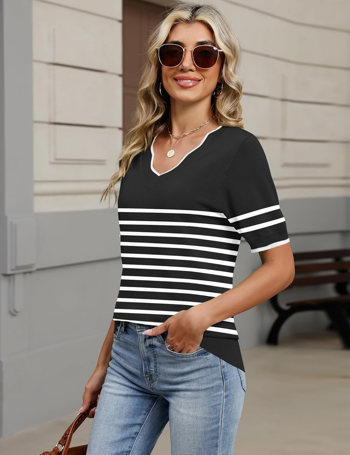 LOMON Womens 2026 Spring V Neck Sweater Casual Tops Short Sleeve Lightweight Ribbed Knit Pullover Sweaters - Image 5