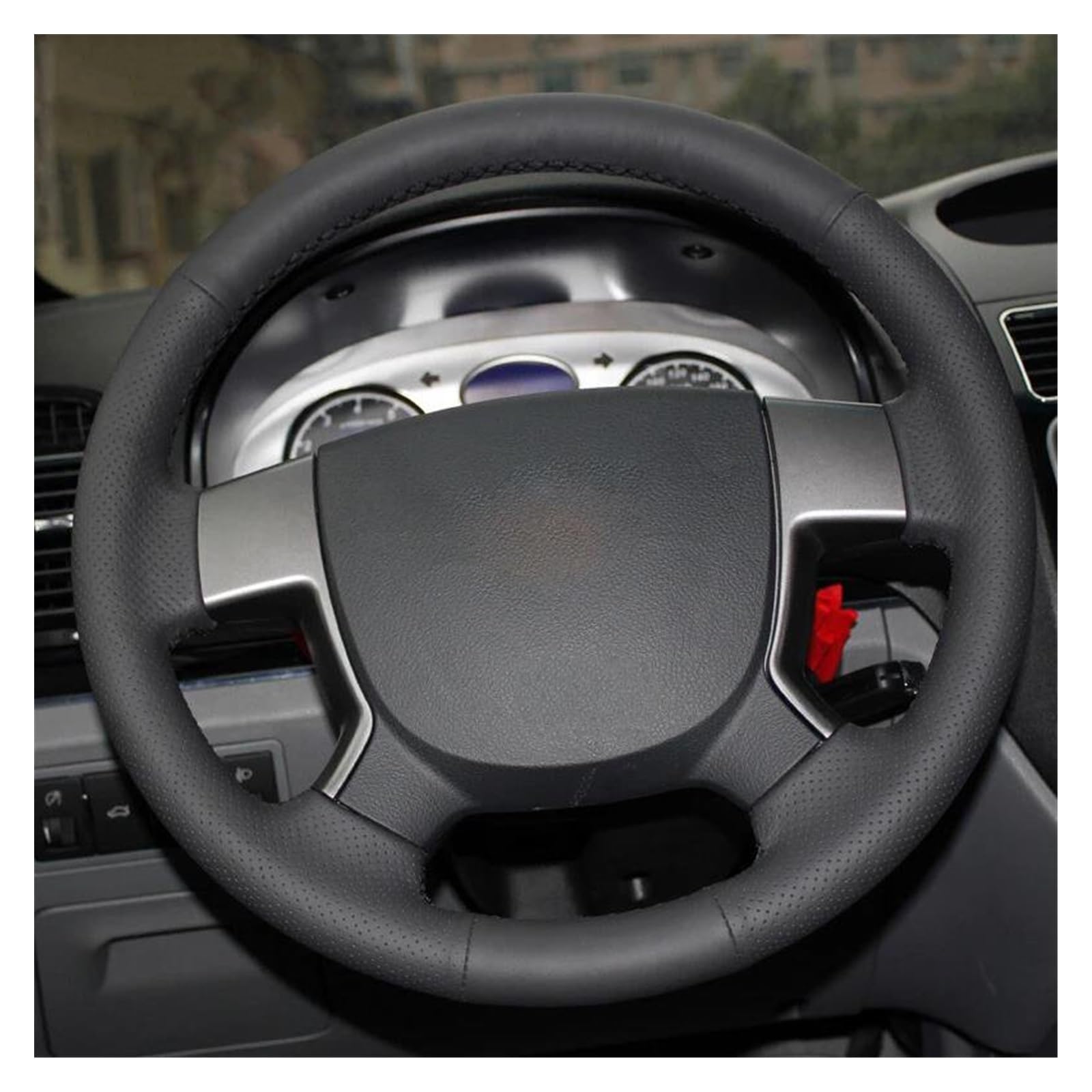 para Geely para E&mgrand para EC7 para EC715 para EC718 Funda para Volante de Coche Cuero Negro Cosida a Mano 38CM / 15'' Funda Volante Coche(Red Thread)