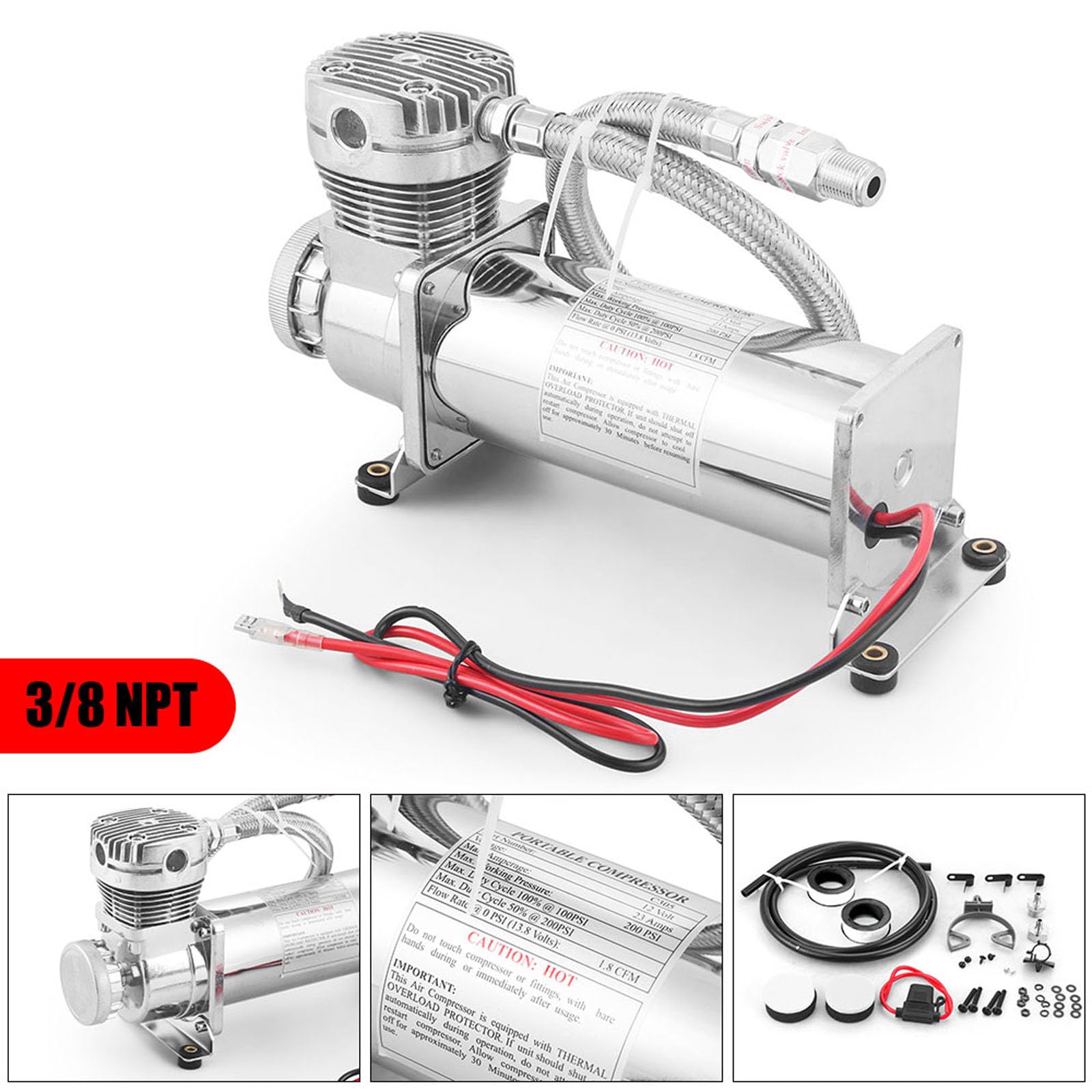 Heavy Duty Universal 200PSI Air Horn Compressor 3/8NPT Hose Kit Compatible With Suspension/Air Bag/Train Horn DC 12V 480C Chrome Sliver