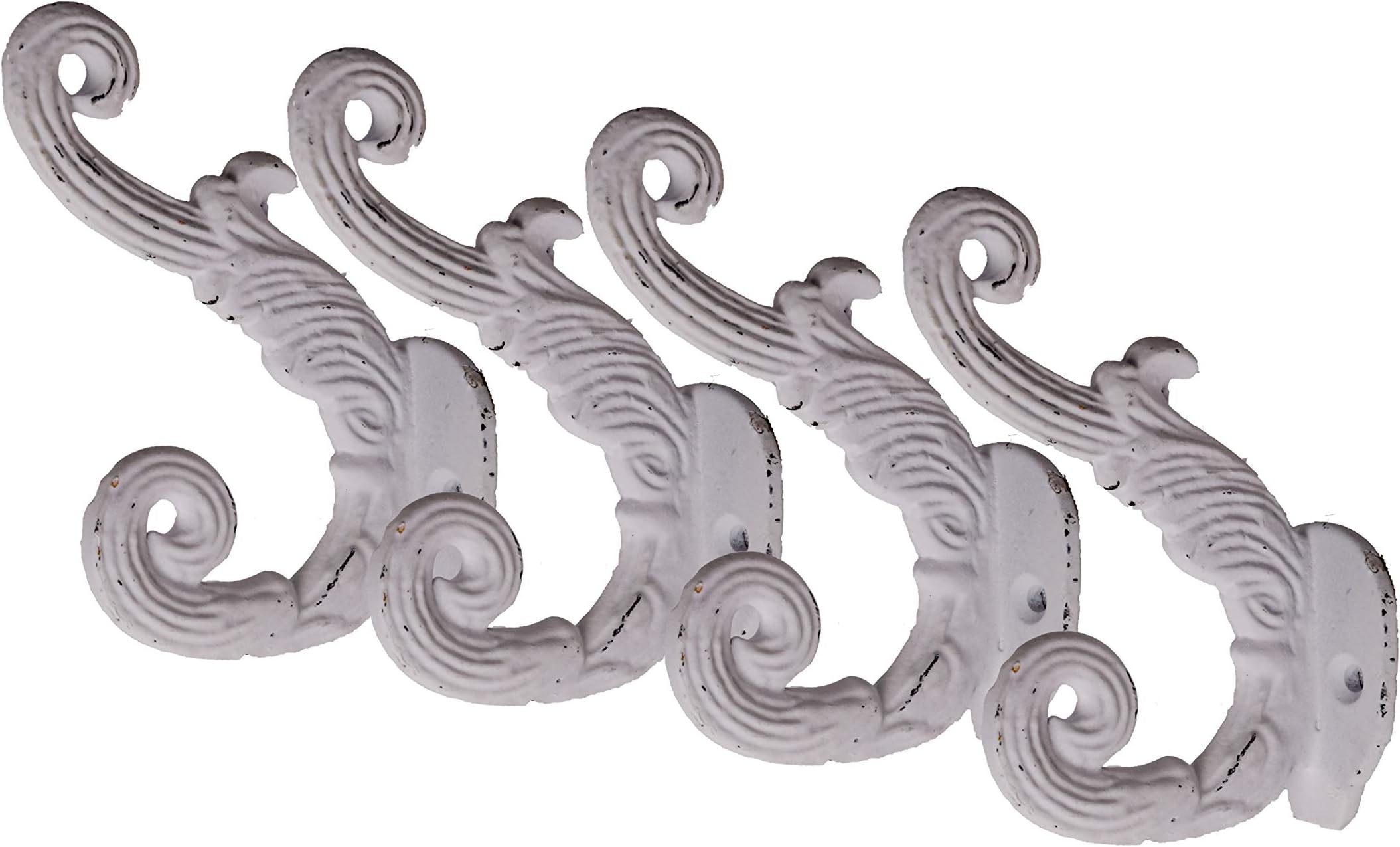 Vintage Cast Iron Wall Hooks (Antique White Finish, Set of 4) - Rustic, Farmhouse, Shabby Chic, French Country Coat Hooks | Great for Coats, Bags, Towels, Hats | Rouleau Floral