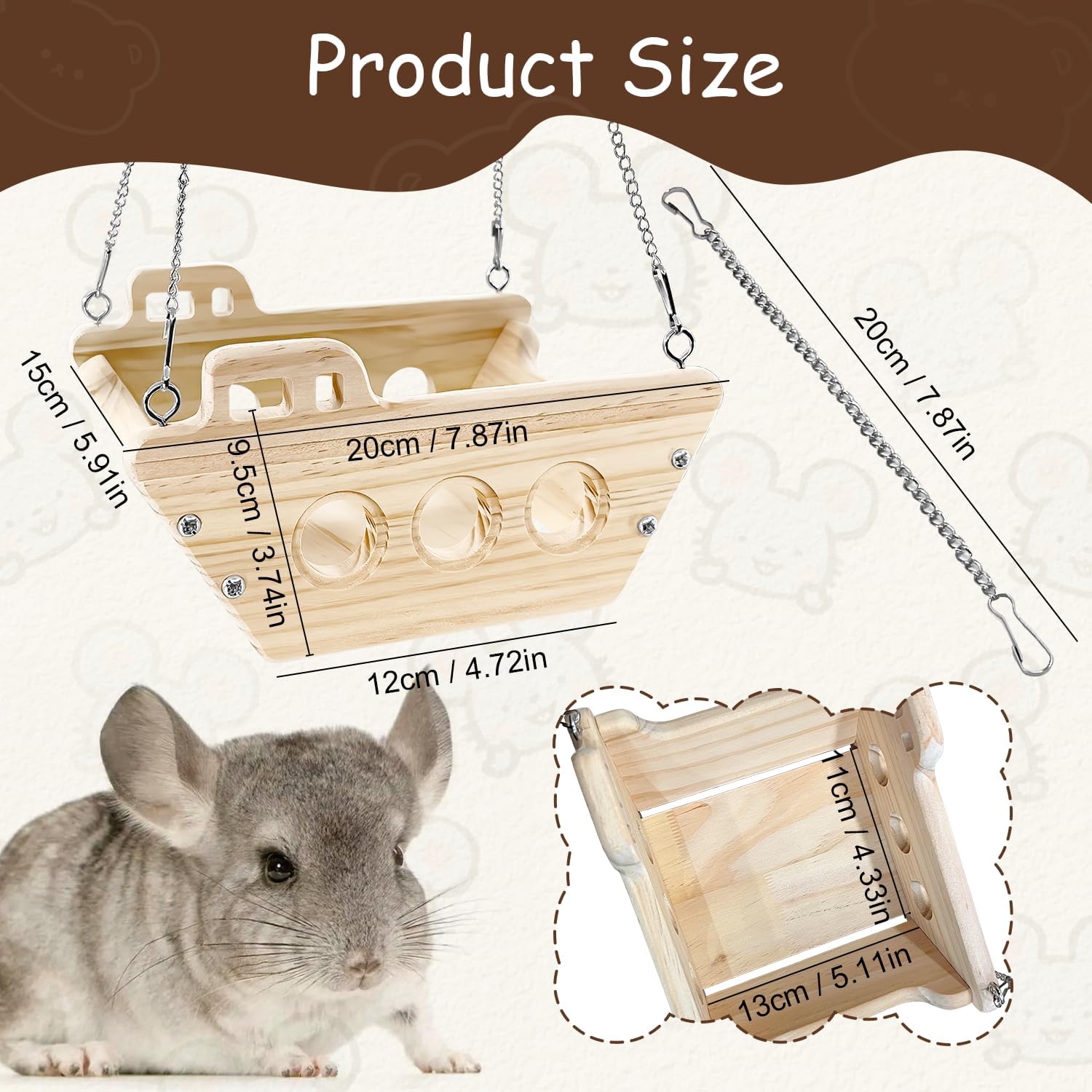 Natural Wood Chinchilla Toy Hammock for Cage Swing, Hanging Chinchilla Bed, Wooden Toys and Cage Accessories, Hut Ledges and Resting Areas for Indoor Habitat Enrichment image 2