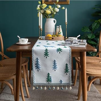 Table Runner Christmas Tree Deer Pattern Washable Table Runner with Tassel for Home Dining Indoor Outdoor Party Picnic Table Decoration,33x180cm