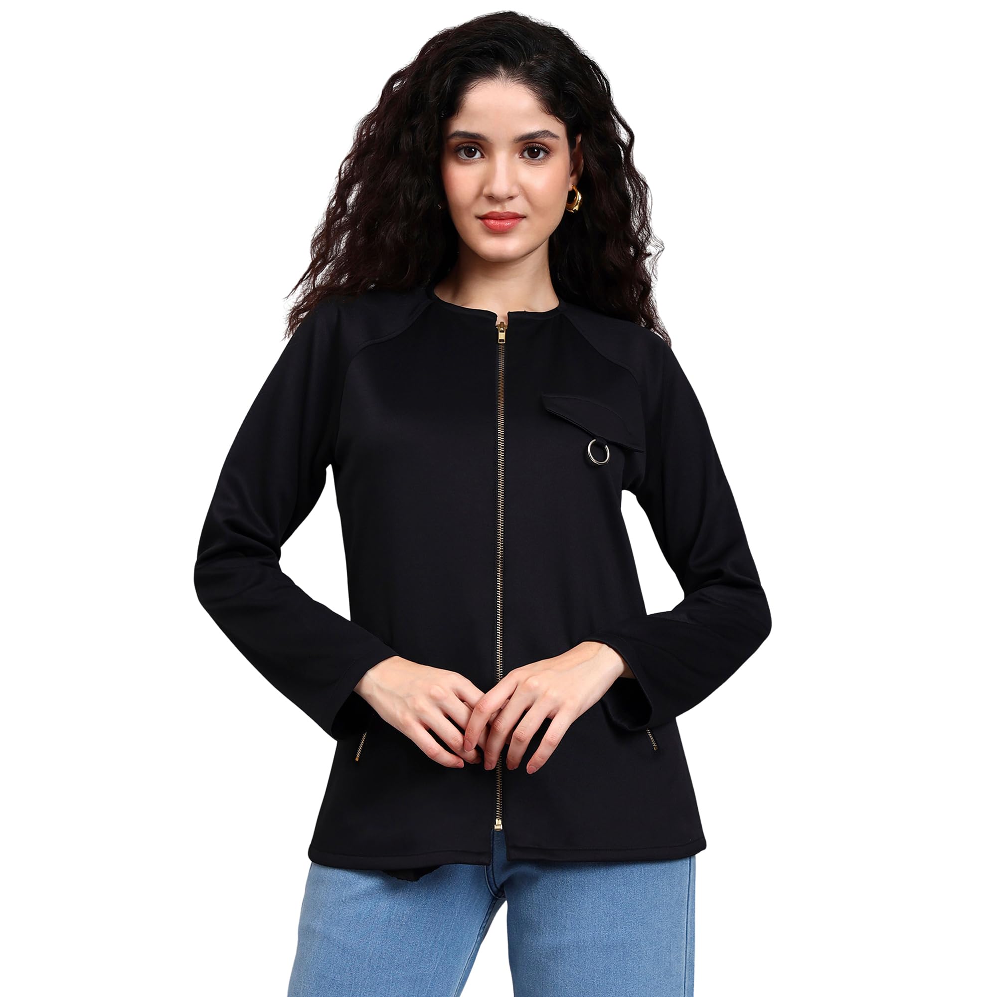 powersutra Women’s Black Stretchable Utility Zip-Up Jacket | Lightweight Scuba Fabric with Metallic Zipper & Flap Pockets | Full Sleeve Casual & Everyday Wear Jacket-picture-18