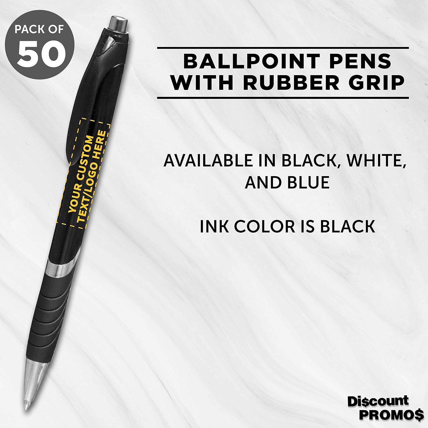 DISCOUNT PROMOS Ballpoint Pens With Rubber Grip - 50 pack - Customizable Text, Logo - Black Ink Ball Point Pen with Soft Touch Plastic - Black