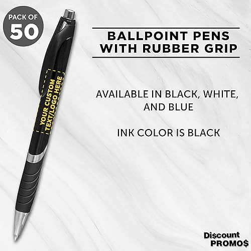 Miniatura 3 de DISCOUNT PROMOS Bolígrafos con agarre de goma, paquete de 50 unidades, texto personalizable, logotipo, bolígrafo de tinta negra con plástico suave