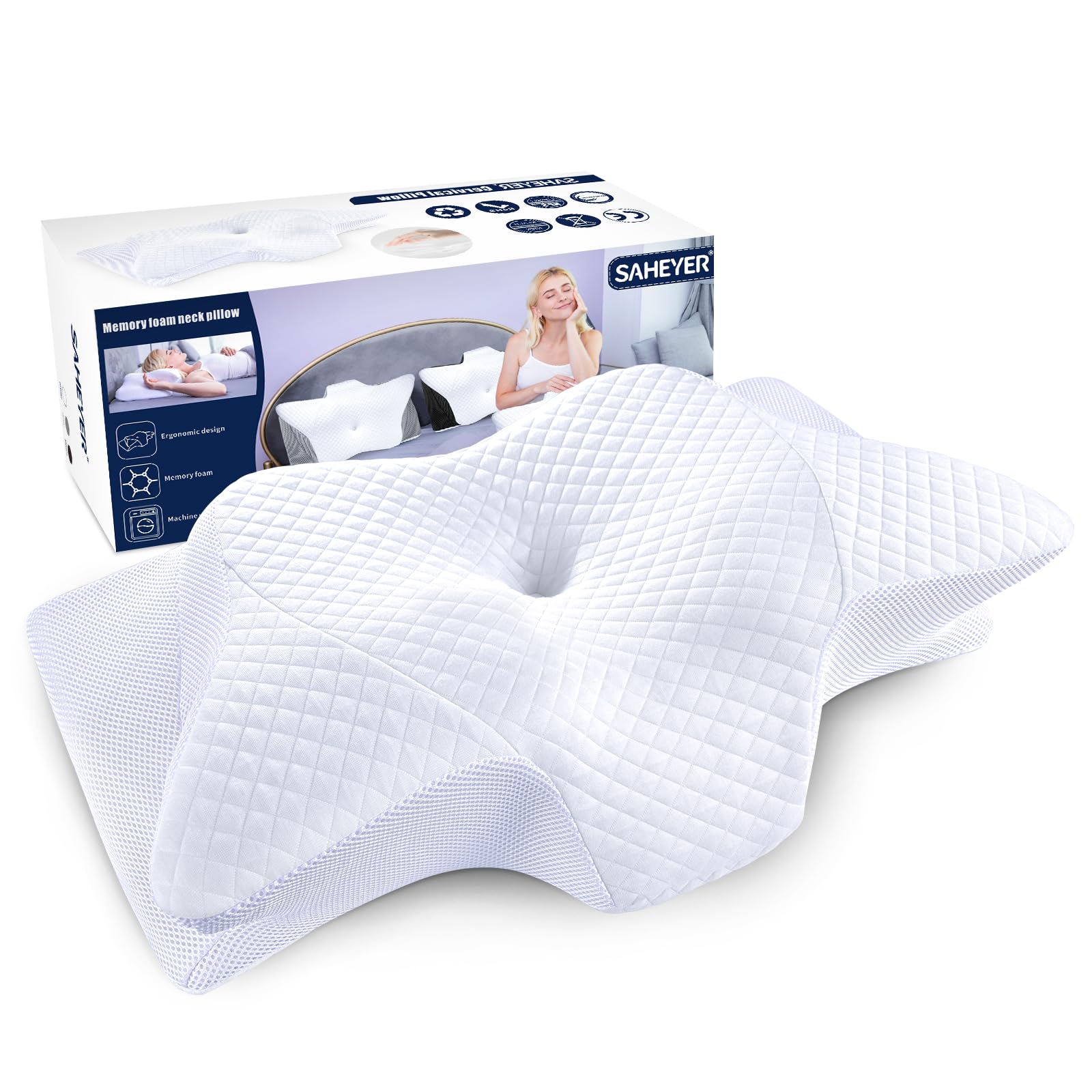 SAHEYER Cuscino cervicale, mal di collo, cuscino cervicale, per alleviare spalle e collo, cuscino ortopedico per schiena e chi dorme sul fianco, cuscino in memory foam con federa