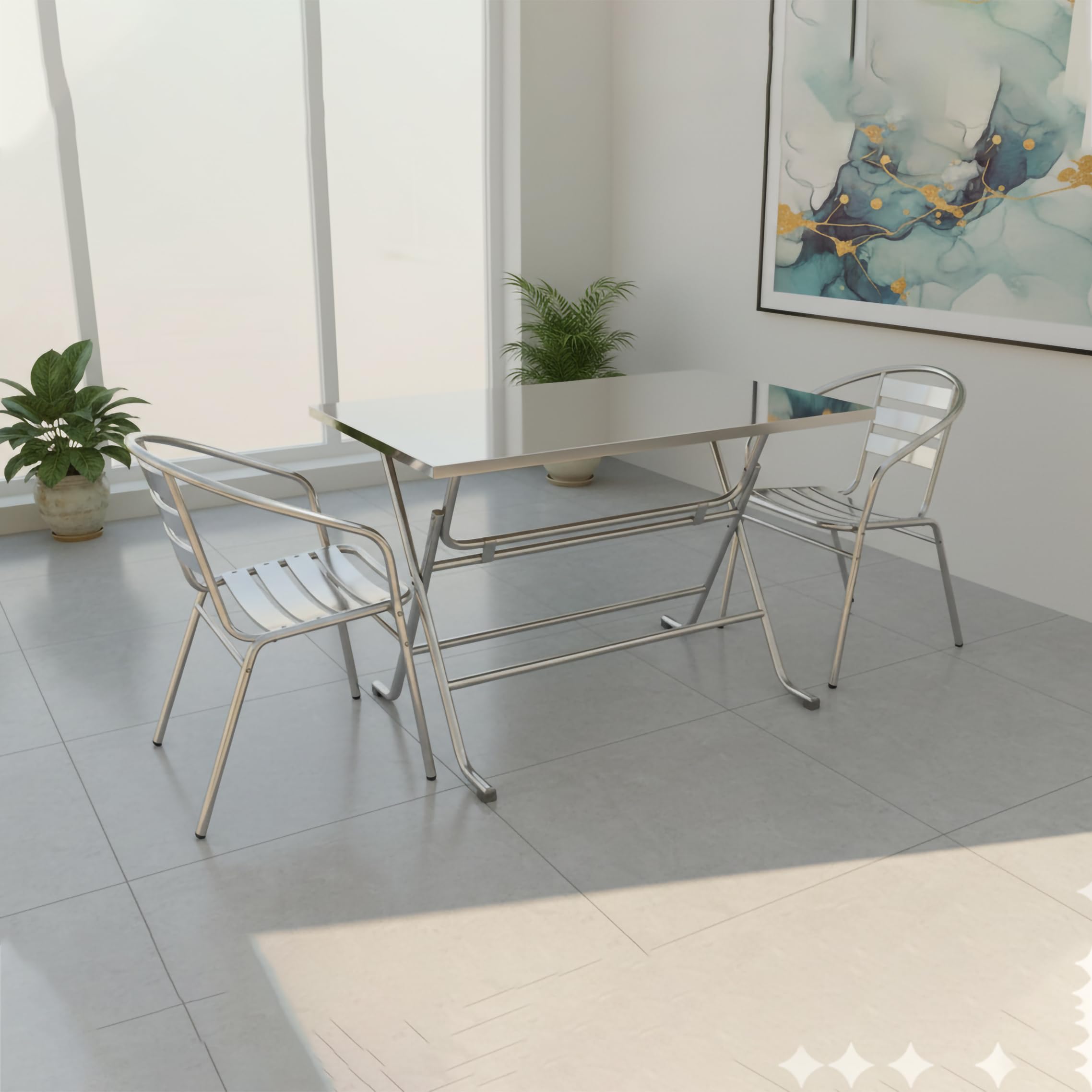Stainless Steel Folding Table & Chair Set | Grade 202, Heavy Duty Metal Dining/Outdoor Furniture | Foldable Table with 2 Steel Chairs for Home, Balcony, Garden & Kitchen-image-10