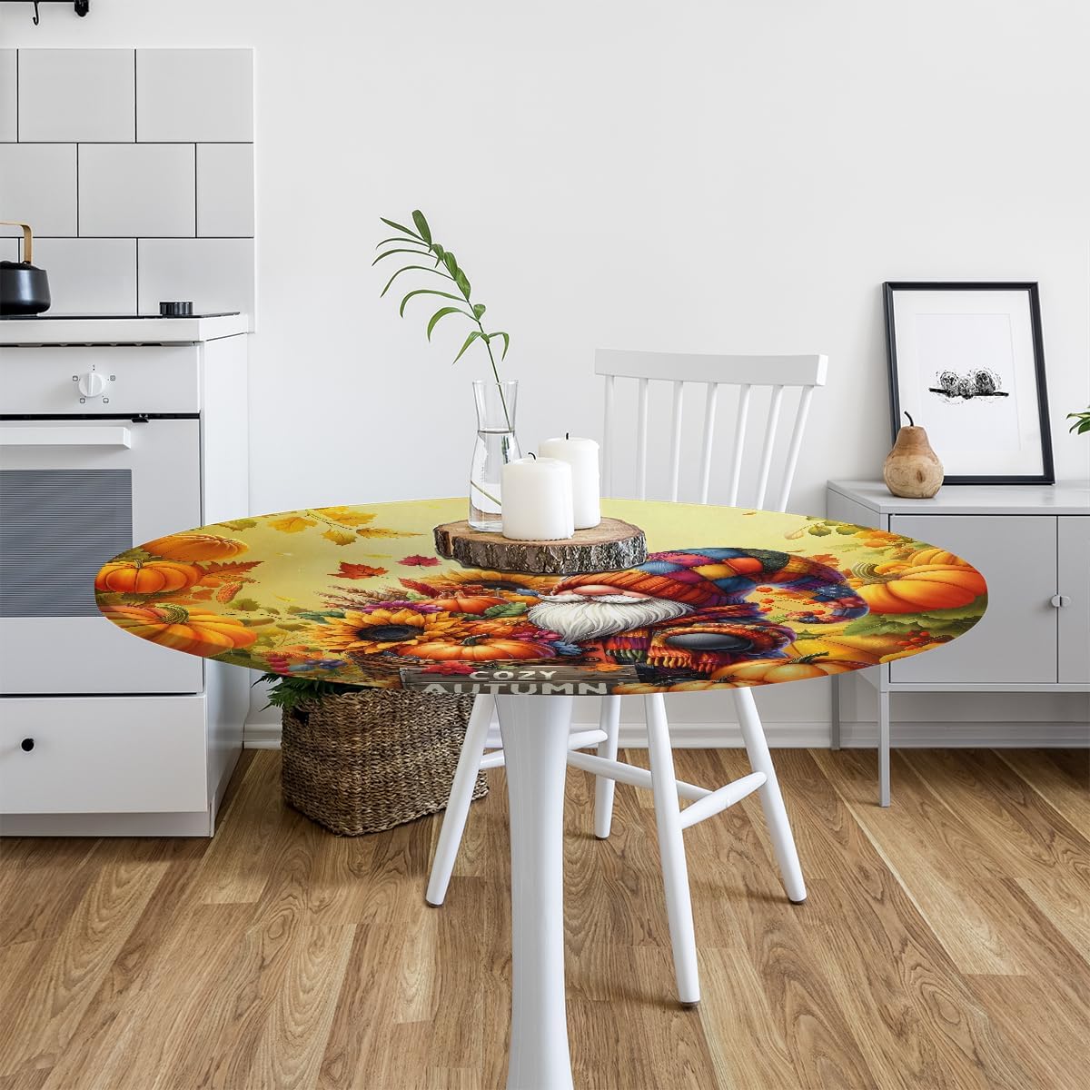 Round Tablecloth with Elastic Edge Fall Pumpkin Gnome Fitted Circle Table Cover wipeable Round Table Cloth for Indoor Outdoor Patio Dining Kitchen Decor for 45-50inch Tables