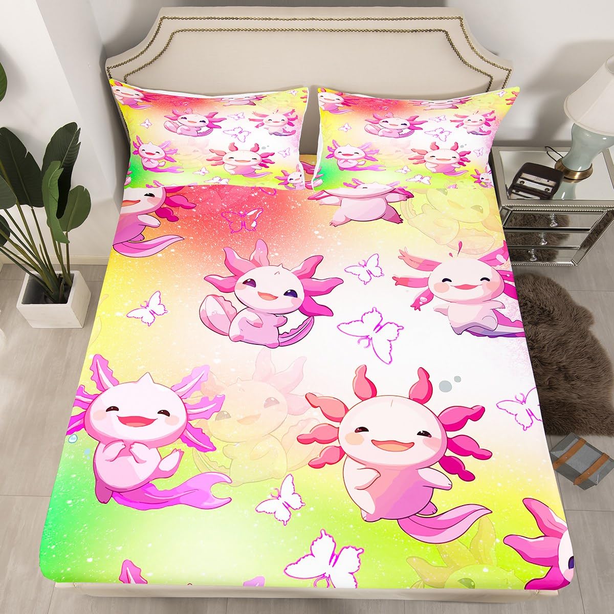 Cute Axolotl Fitted Sheet Twin Size 2 Pcs,Gradient Yellow Green Orange Tie Dye Print Bedding Sets for Kids Boys Girls Teens,Cartoon Animals Dreamy Butterfly Bed Cover with 1 Pillowcase(No Flat Sheet)
