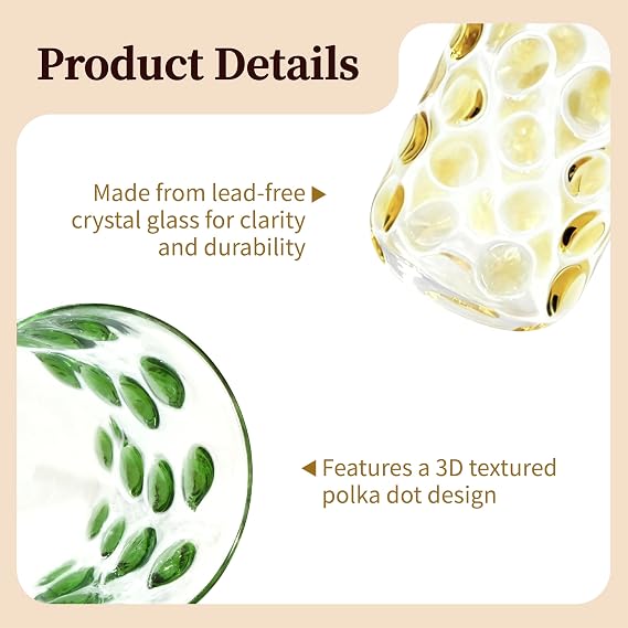 3D Polka Dot Crystal Glass Set of 2 Hand-Colored Retro Design, Lead-Free Crystal, 16oz Capacity (Green & Yellow)