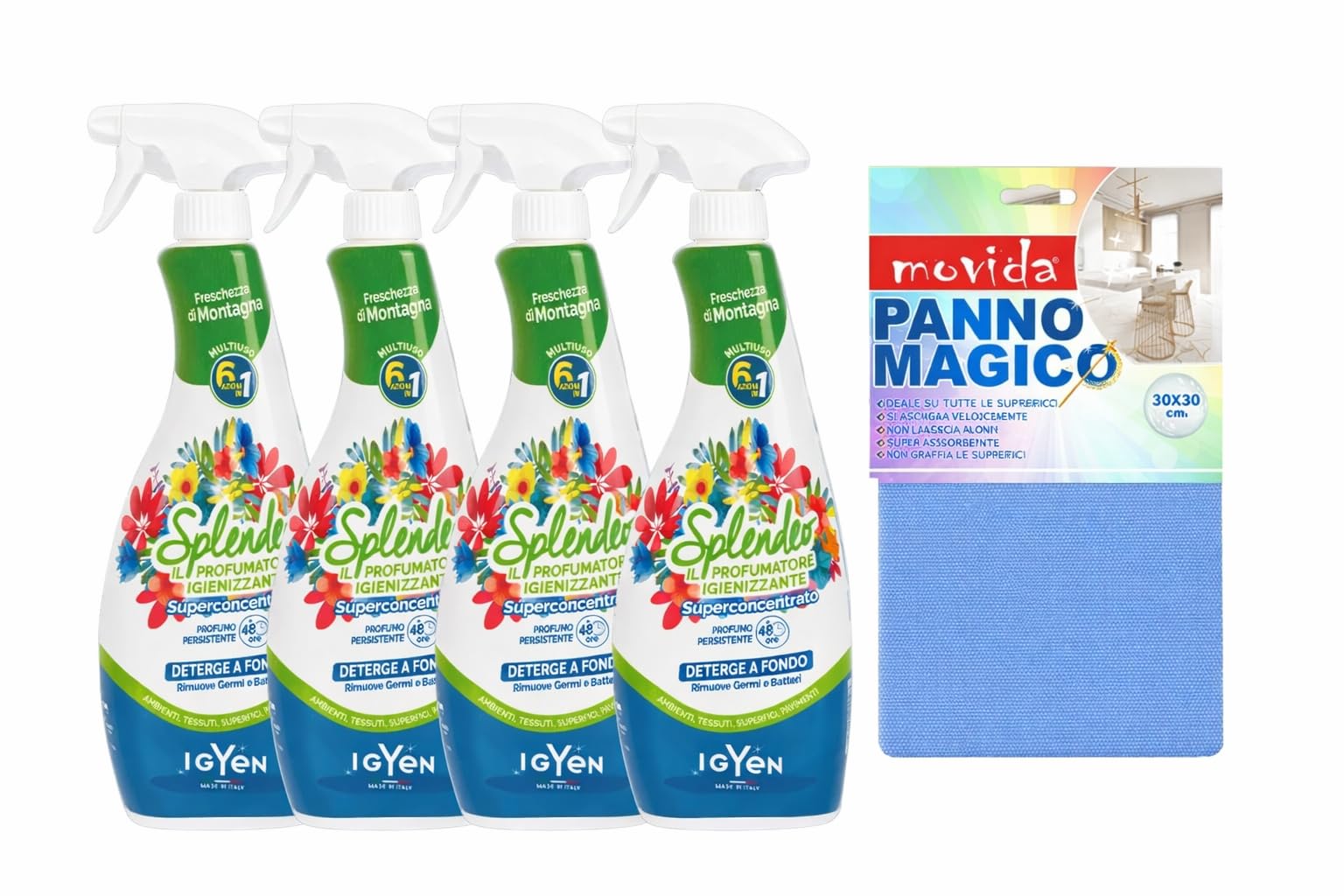 Detergente Multiuso Spray, Il Profumatore Igienizzante Superconcentrato, FRESCHEZZA DI MONTAGNA. Deterge a Fondo, Rimuove Germi e Batteri, 48h Di Pulito Profumato 4 spray da 750ml + Panno 30x30