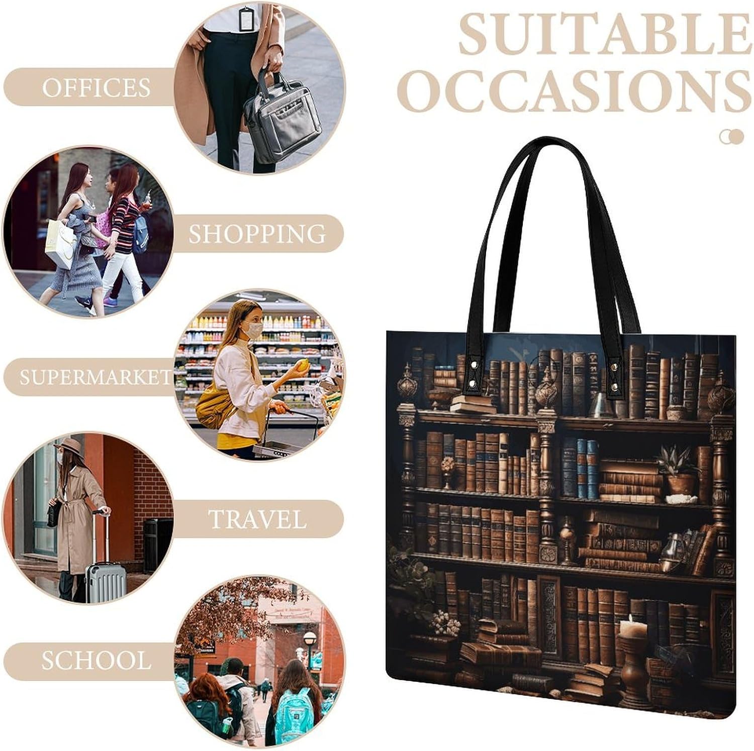 Books on The Bookshelf Handbags Large Capacity, Tote Bag Stylish Slouchy, Shoulder Bags for Work Beach Travel And Shopping Grocery.