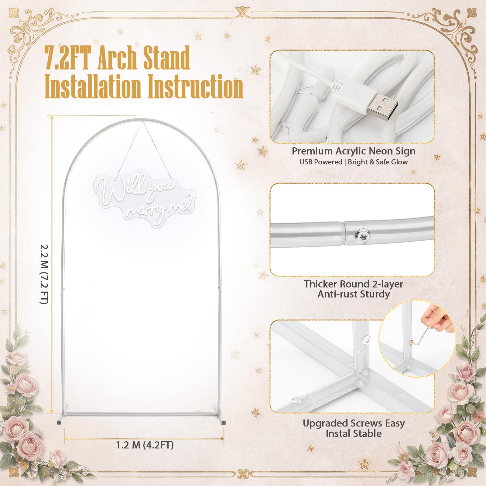 Coume Kit de decoración de propuesta de boda de 7 pies, letrero de neón grande de metal, 24 velas LED de corazón y 2000 pétalos de rosa blancos para propuesta al aire libre, boda, compromiso