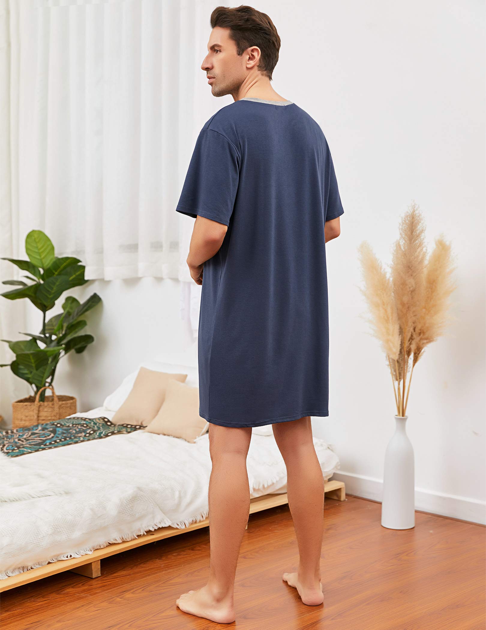 Enjoyoself Herren Baumwolle Pyjama Tops Weich Atmungsaktiv Nachthemd Knielang Nachtshirts Kurzarm Nachtwäsche Lounge Wear