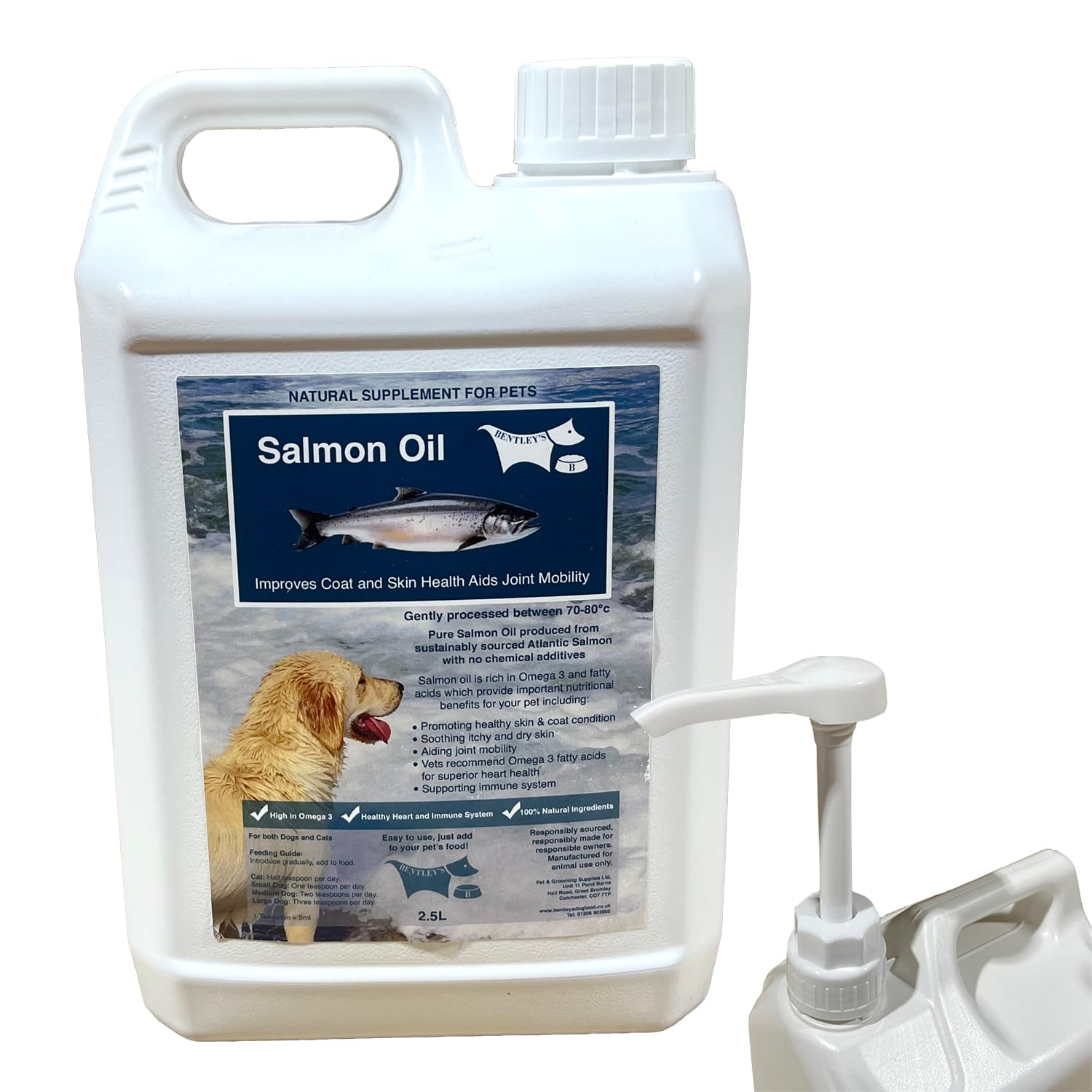 Bentley's Salmon Oil for Dogs & Cats, Natural Omega 3 & 6 Supplement (2.5L WITH PUMP)
