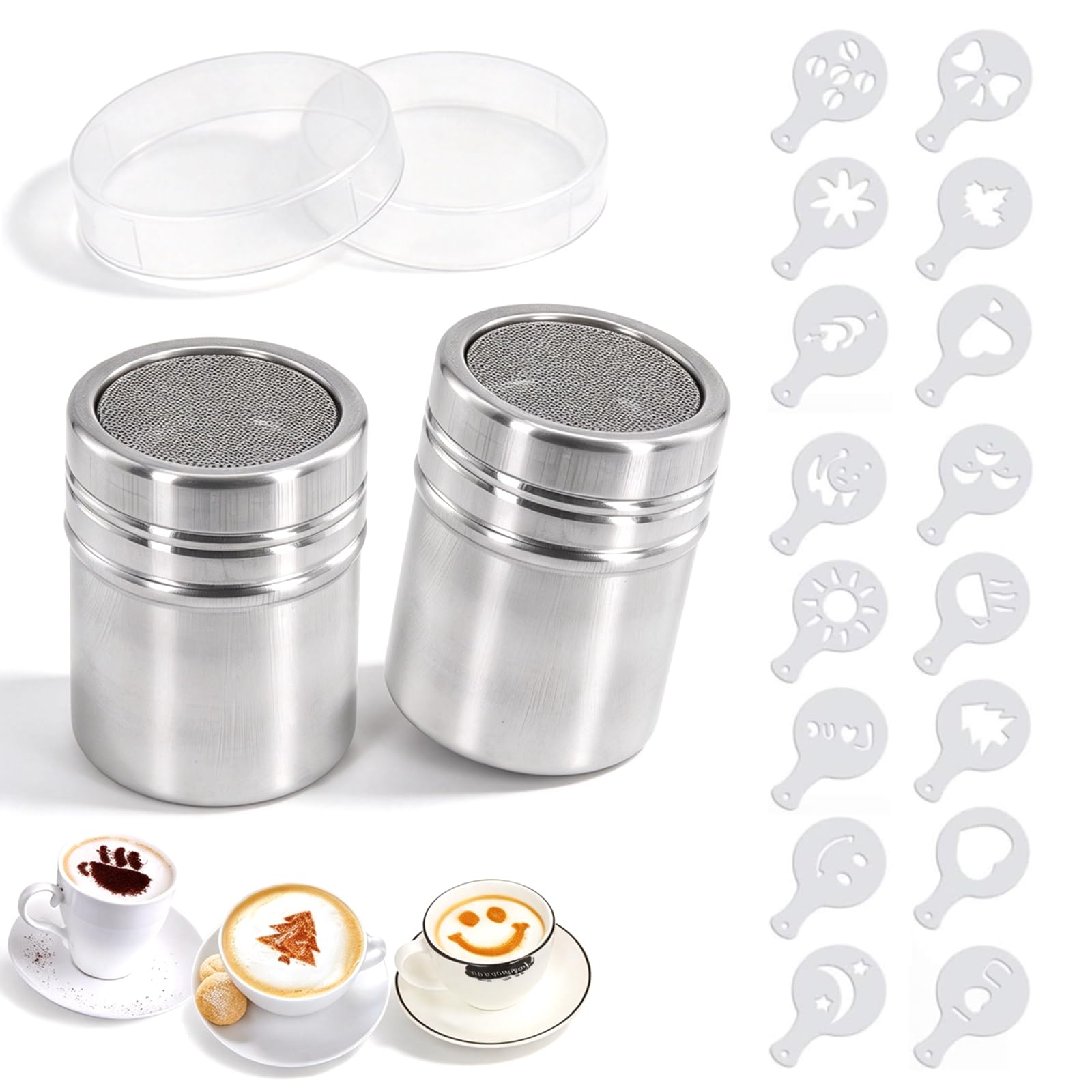 2 Pcs Powder Shaker Stainless Steel Chocolate Powder with 16 Coffee Moulds