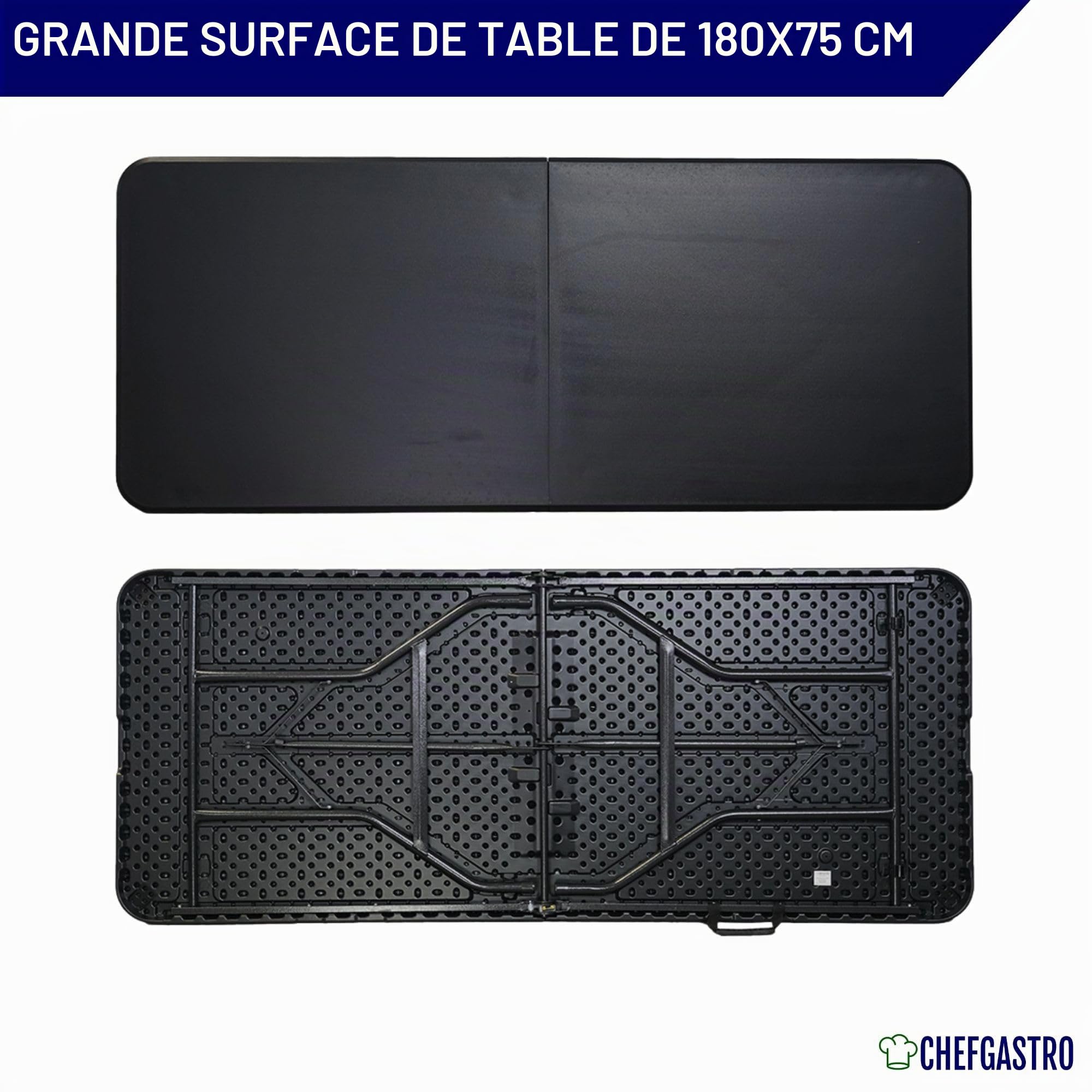 CHEFGASTRO Table de Buffet Pliante | HxLxP 74x180x75cm | avec poignée de Transport | pour 8 Personnes | Plastique résistant aux intempéries | Noir