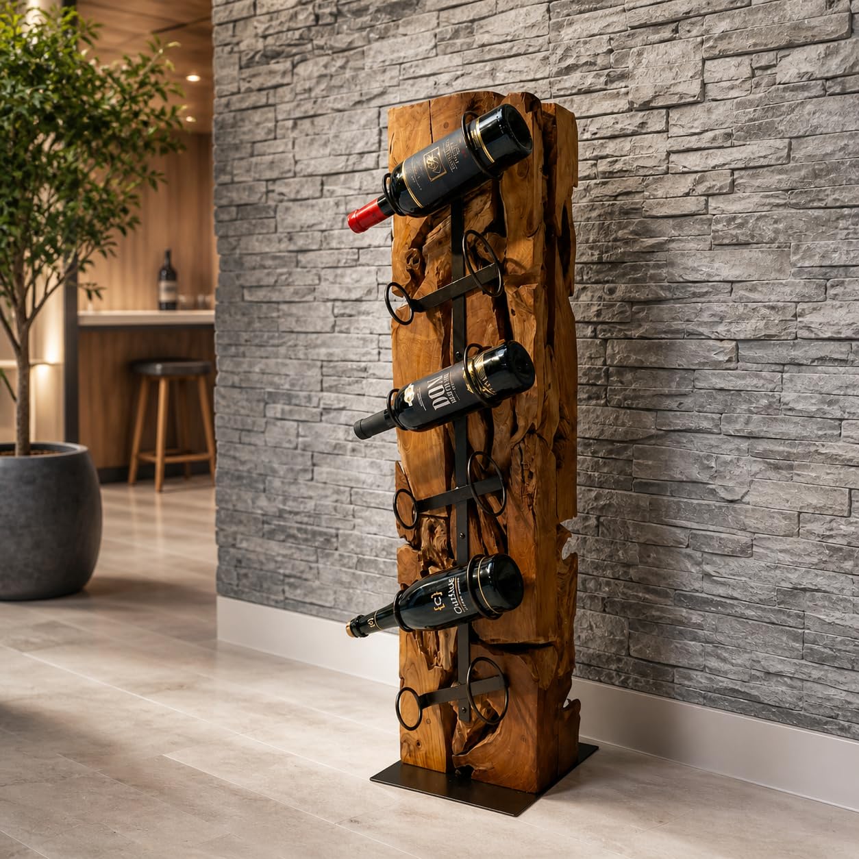 XILON Weinregal Holz | Handgefertigter Weinständer aus Teakholz für 6 Flaschen | Flaschenregal mit Stahlfuß | Modern und nachhaltig Holz Weinregal – 100cm Hoher Weinflaschenhalter