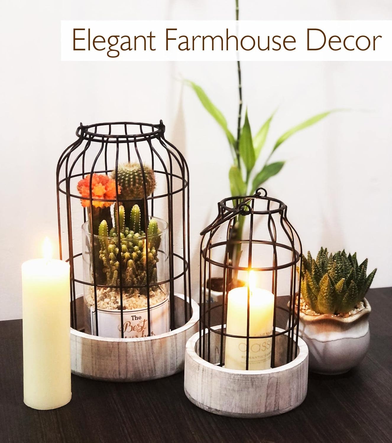 Livelab Modern Farmhouse Lantern Decor, [Refined] Rustic Home Decor Lanterns, Wire Metal Cloche Decorative Candle Holder for Living Room, Fireplace Mantle, Bathroom Countertop