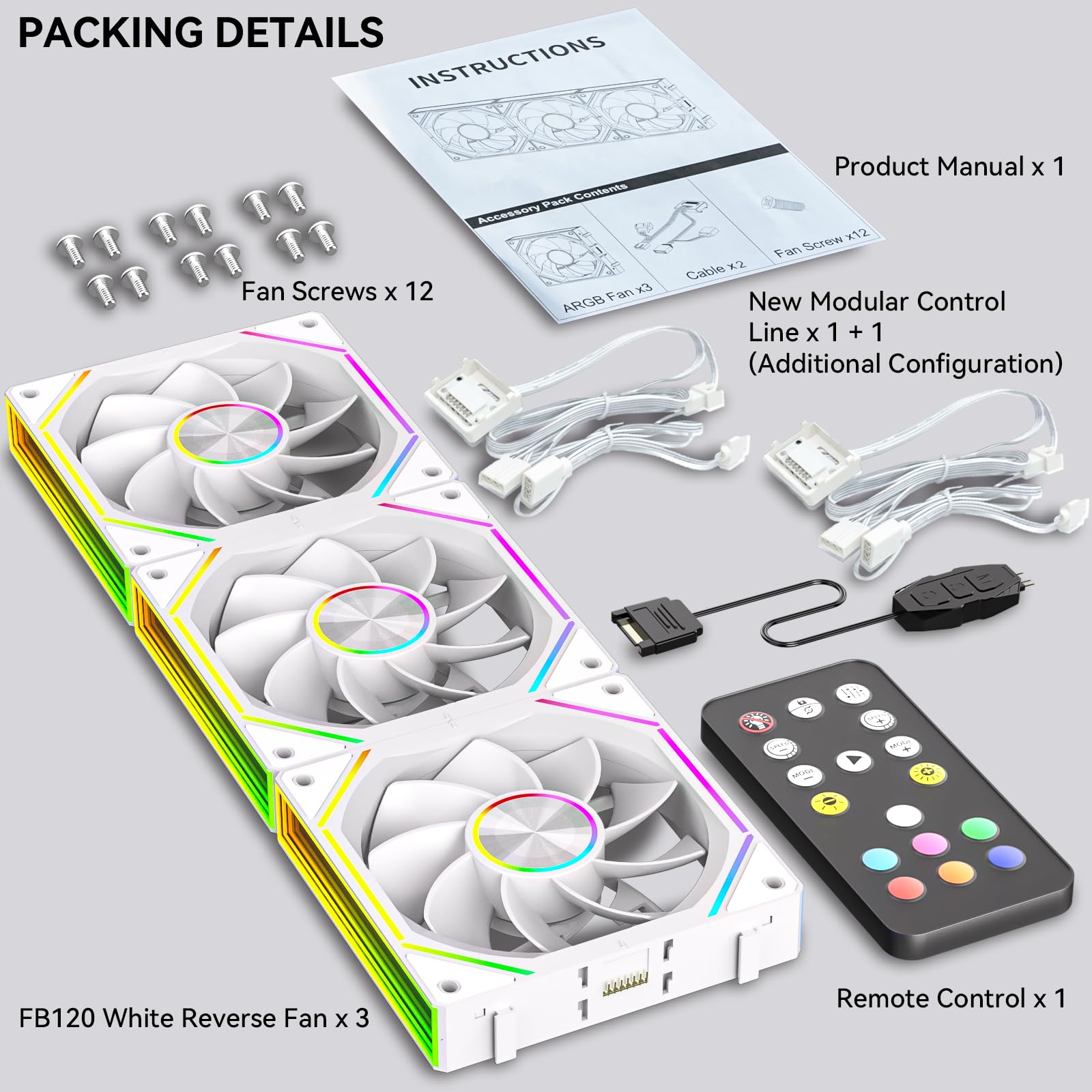 FB120 - Ventole di raffreddamento ARGB PC da 120 mm, colori e telecomando da 16,8 m, ventola inversa a specchio infinito, controllo velocità PWM, flusso d'aria elevato, giunzione/catena a